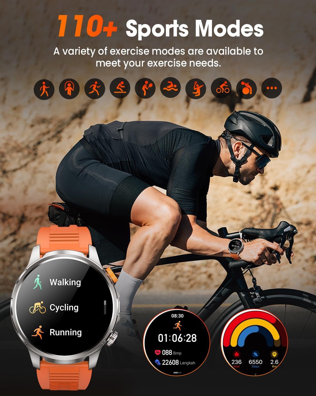 Zevelora Herren Militär, 1000mAH Akku Telefonfunktion, 5 ATM Wasserdicht Smartwatch (1,91 Zoll, Android/iOS), mit LED Taschenlampe 110+ Sportmodi/SpO2/Herzfrequenz/Schlafmonitor