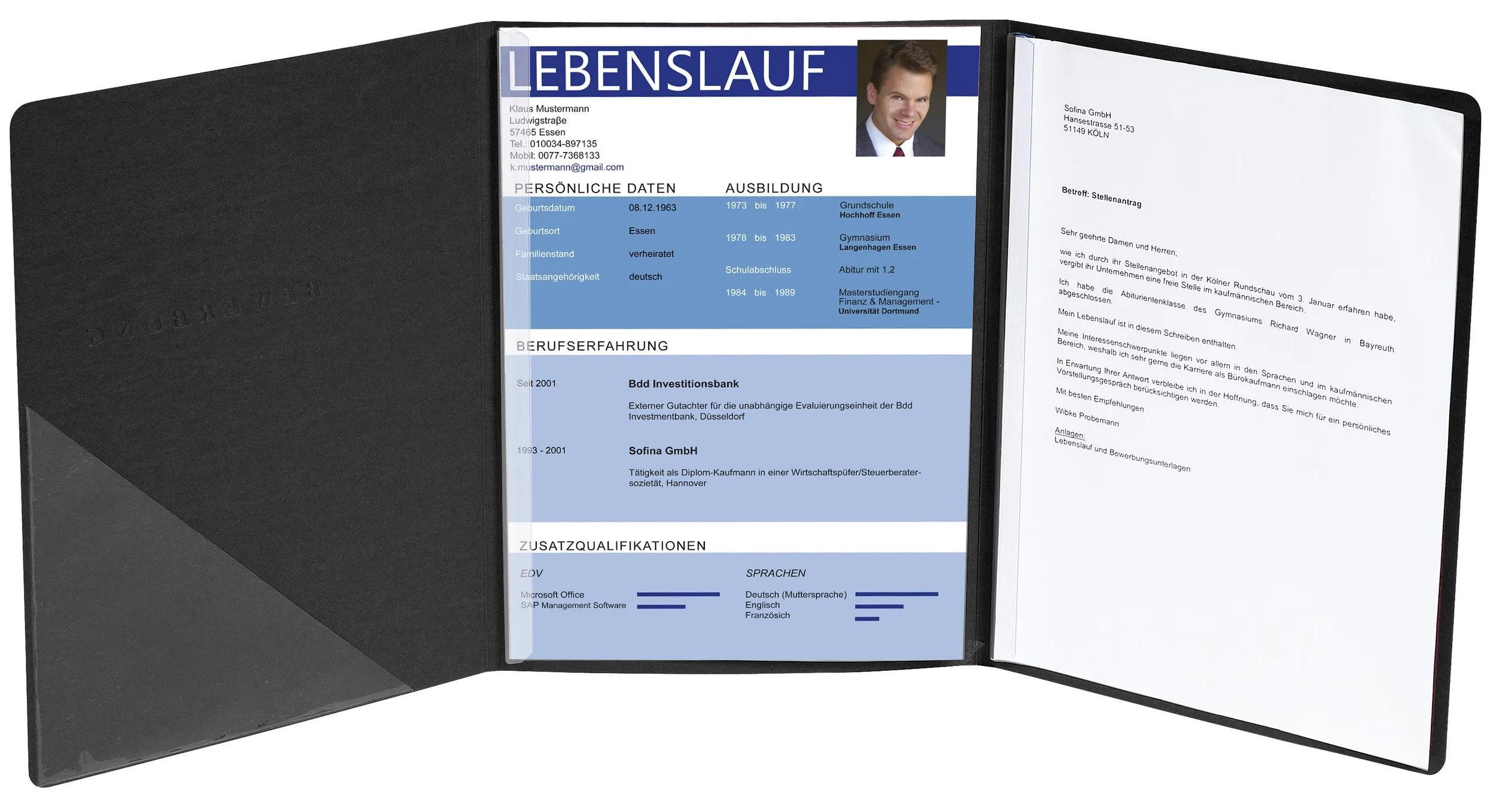 Bewerbungsmappe 10x Bewerbungsmappe Karton Leinenoptik 2 Klemmschien A4 Schwarz 49401B