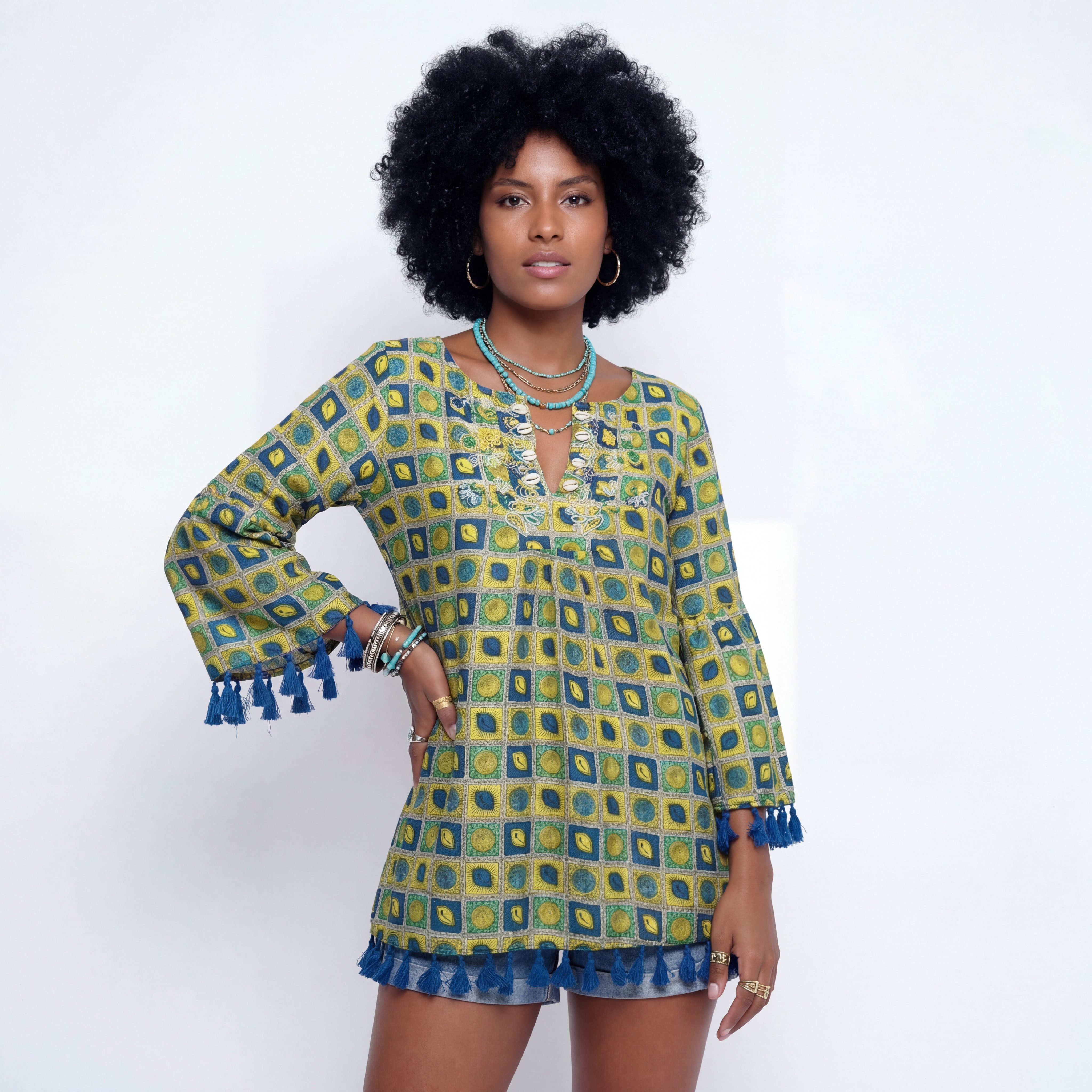 YC Fashion & Style Tunika Ethno Muster Bluse langarm, lockeres Sommer Oberteil Boho-Design