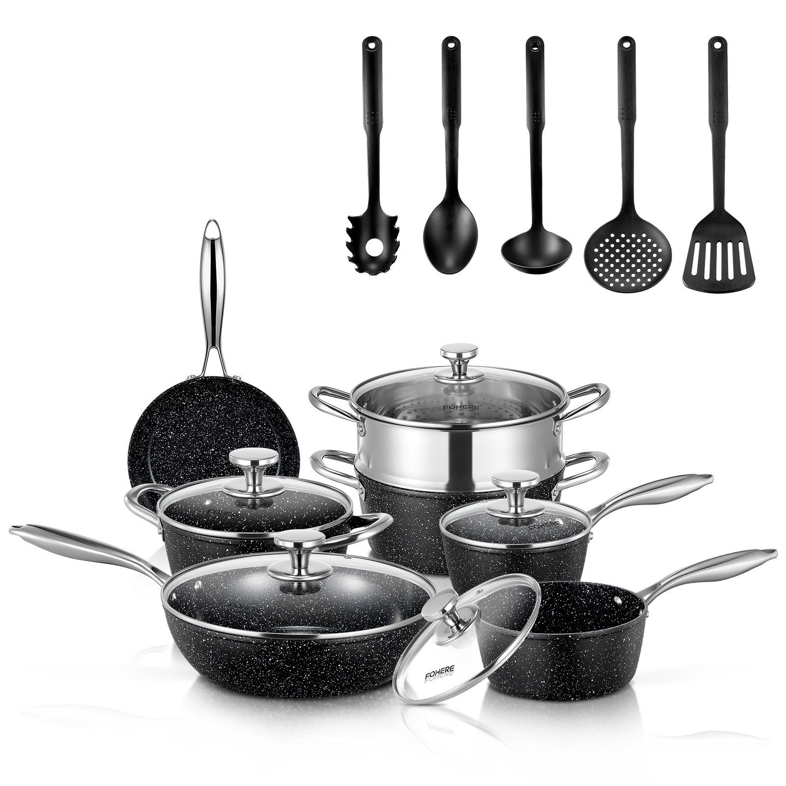 FOHERE Topf-Set Pfannenset 17-Teilig, Antihaftversiegelung, Induktions Kochtopf Set, (Set, 7-tlg)