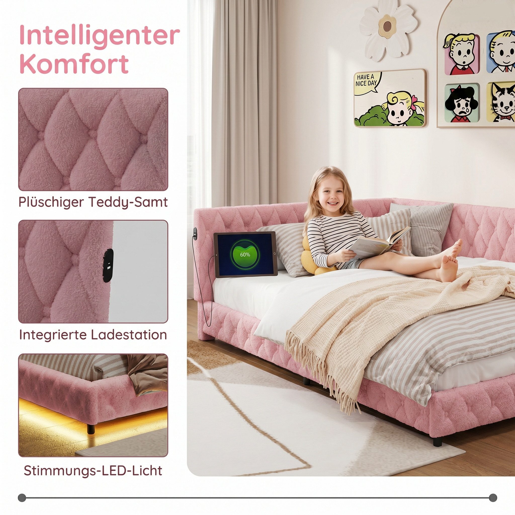 PXloue Polsterbett Daybett Tagesbett, Schlafsofa,Mit LED-Beleuchtung und USB-Ladeanschluss,140x200 cm