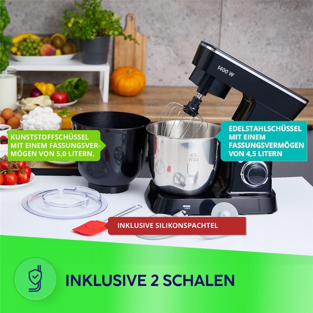 MPM Stabmixer MPM MRK-25 Küchenmaschine mit 2 Schüsseln 1400 W Schwarz, 10 Geschwindigkeitsstufen, 3 Rührelemente, Metallgehäuse