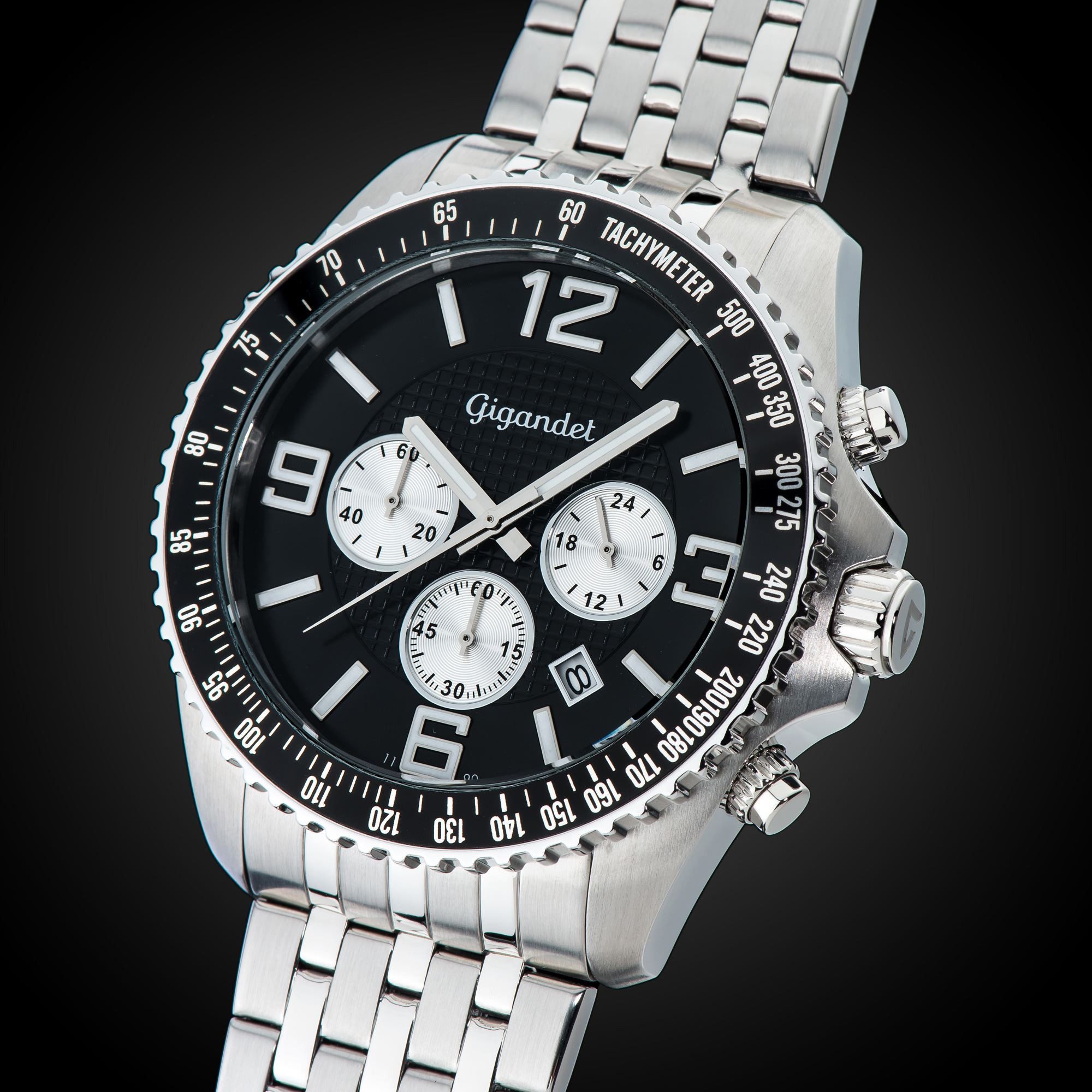 Gigandet Chronograph Armbanduhr, Herrenuhr, Sportuhr, 45mm, FAST TRACK G12-007, Mineralglas, Datumsanzeige, Edelstahlband, 10bar/100m wasserdicht