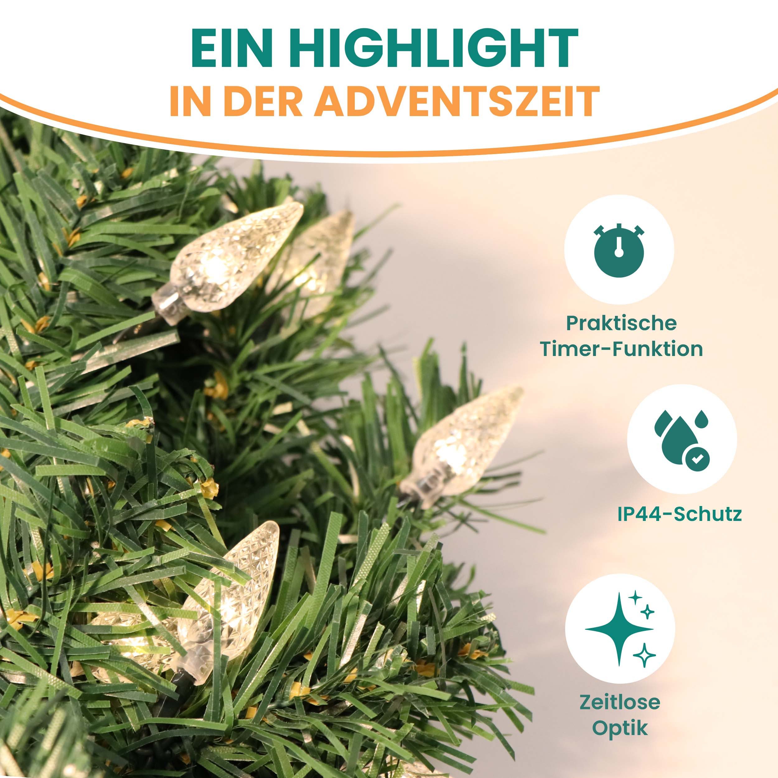 Gartenpirat Dekokranz Künstlicher Weihnachtskranz 45 cm beleuchtet mit 48 warmweißen LEDs