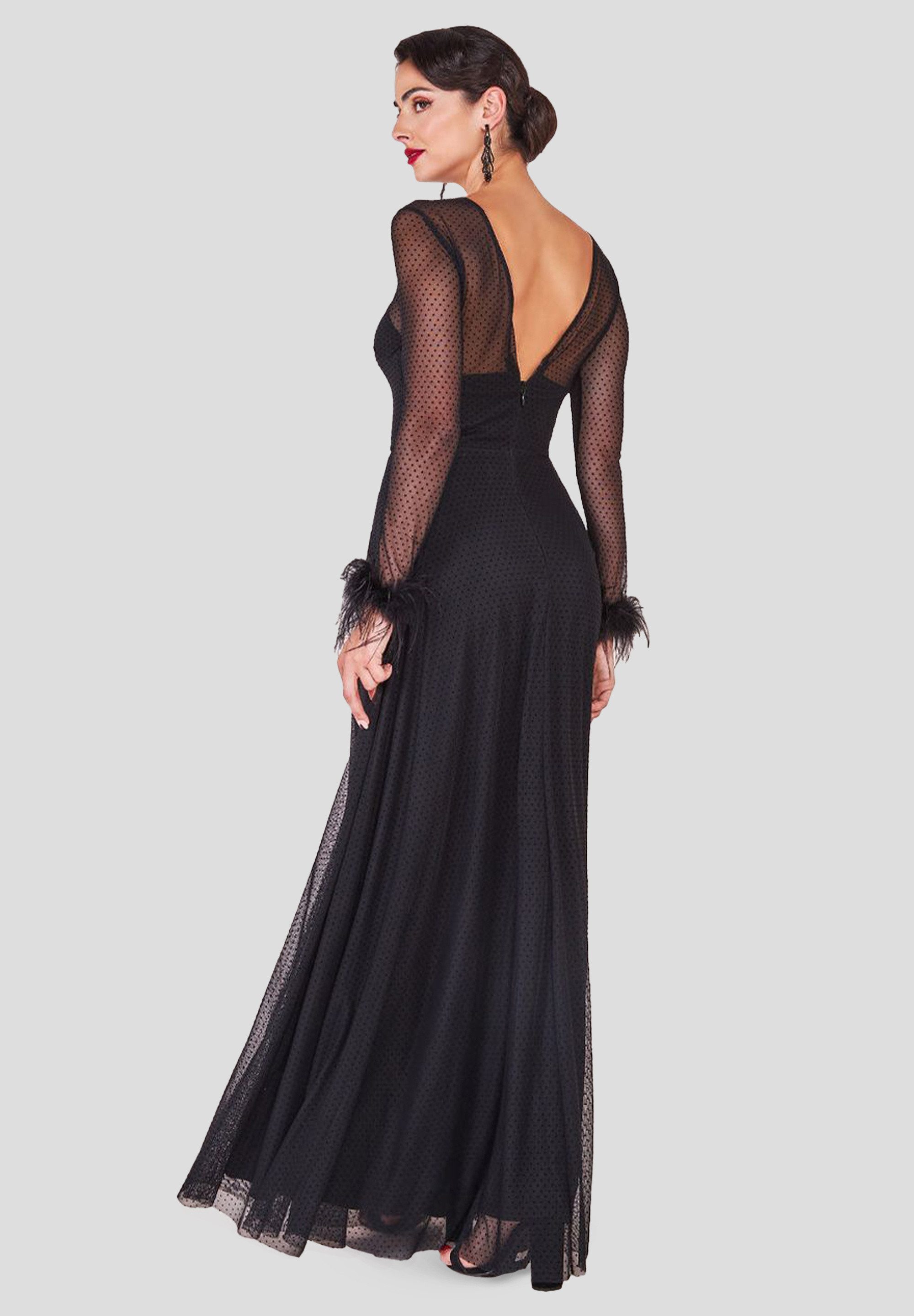 Goddiva Maxikleid Dobby Mesh Feather Sleeve Hem Maxi Dress langes Kleid, Rückenausschnitt, mit Futter
