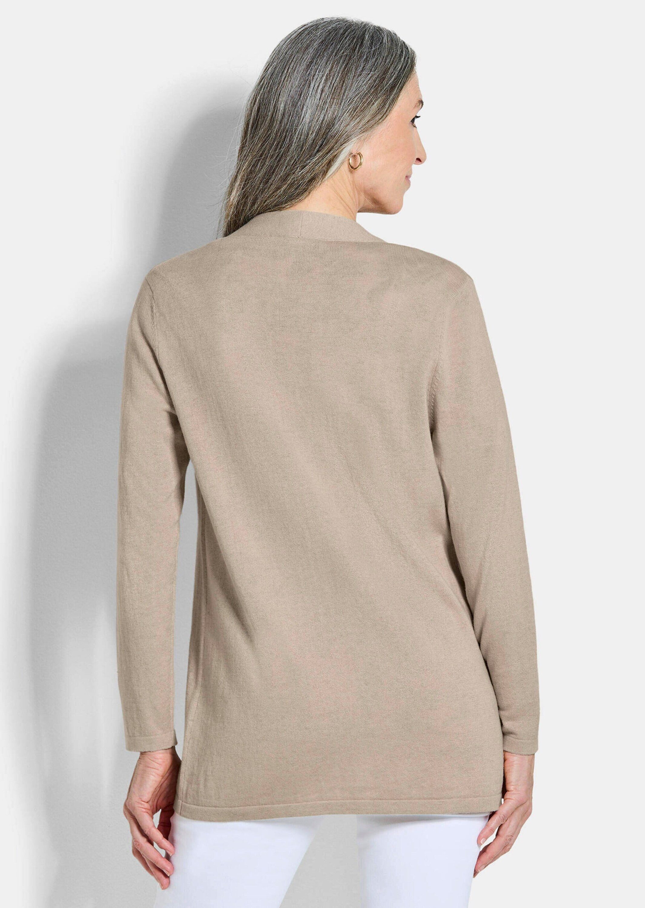 GOLDNER Strickjacke Kurzgröße: Elegante Strickjacke mit Kaschmir Longjacke ohne Verschluss mit aufgesetzten Taschen und Langarm
