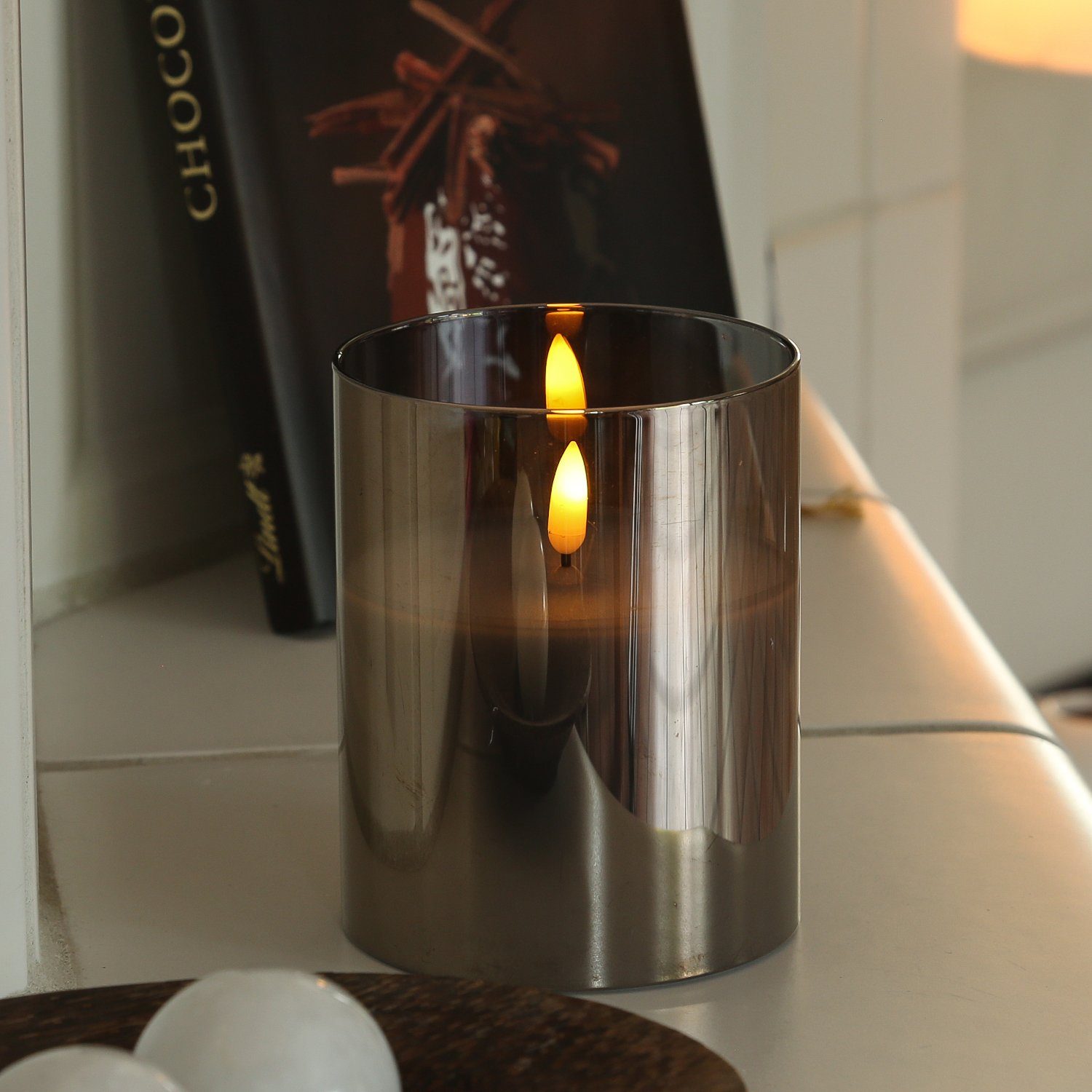 MARELIDA LED-Kerze im Glas LED Windlicht Echtwachs Timer H: 12,5cm D: 10cm günstig online kaufen