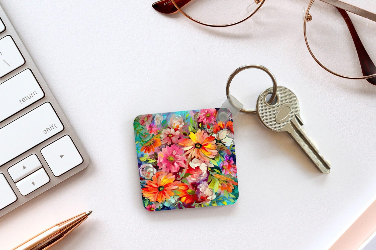 MuchoWow Schlüsselanhänger Blumen - Kunst - Malerei - Botanisch, Quadratisch, Accessoire Auto / Haus / Rucksack / Handtasche, 5x5 cm