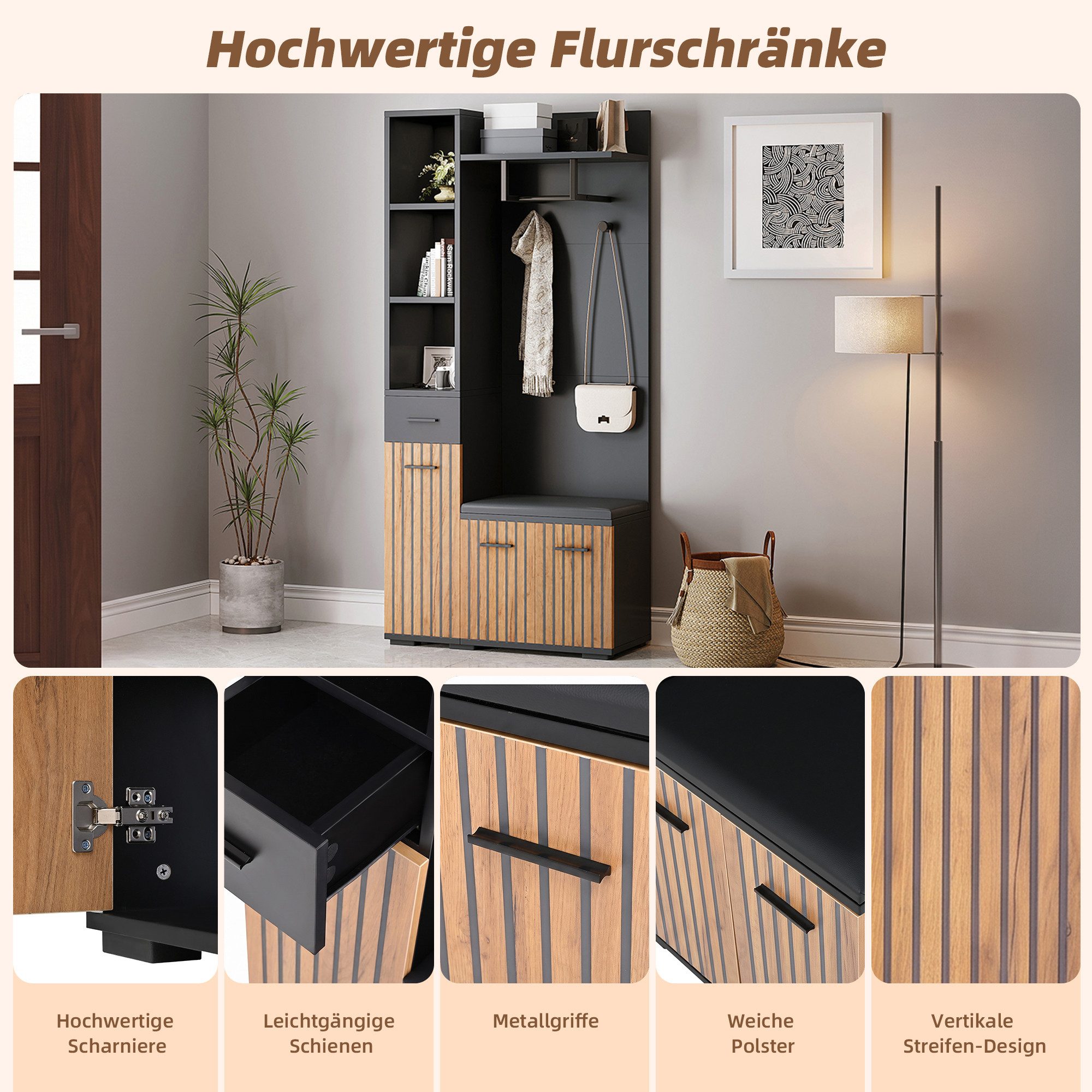 Merax Garderoben-Set 7-in-1 Kompaktgarderobe Flurmöbel in Schwarz-Holz, (Garderobenkombination Möbelset, 1-St., 80x35x175 cm), Sitzbank Schränken Schublade Abla – Bild 5 von 5