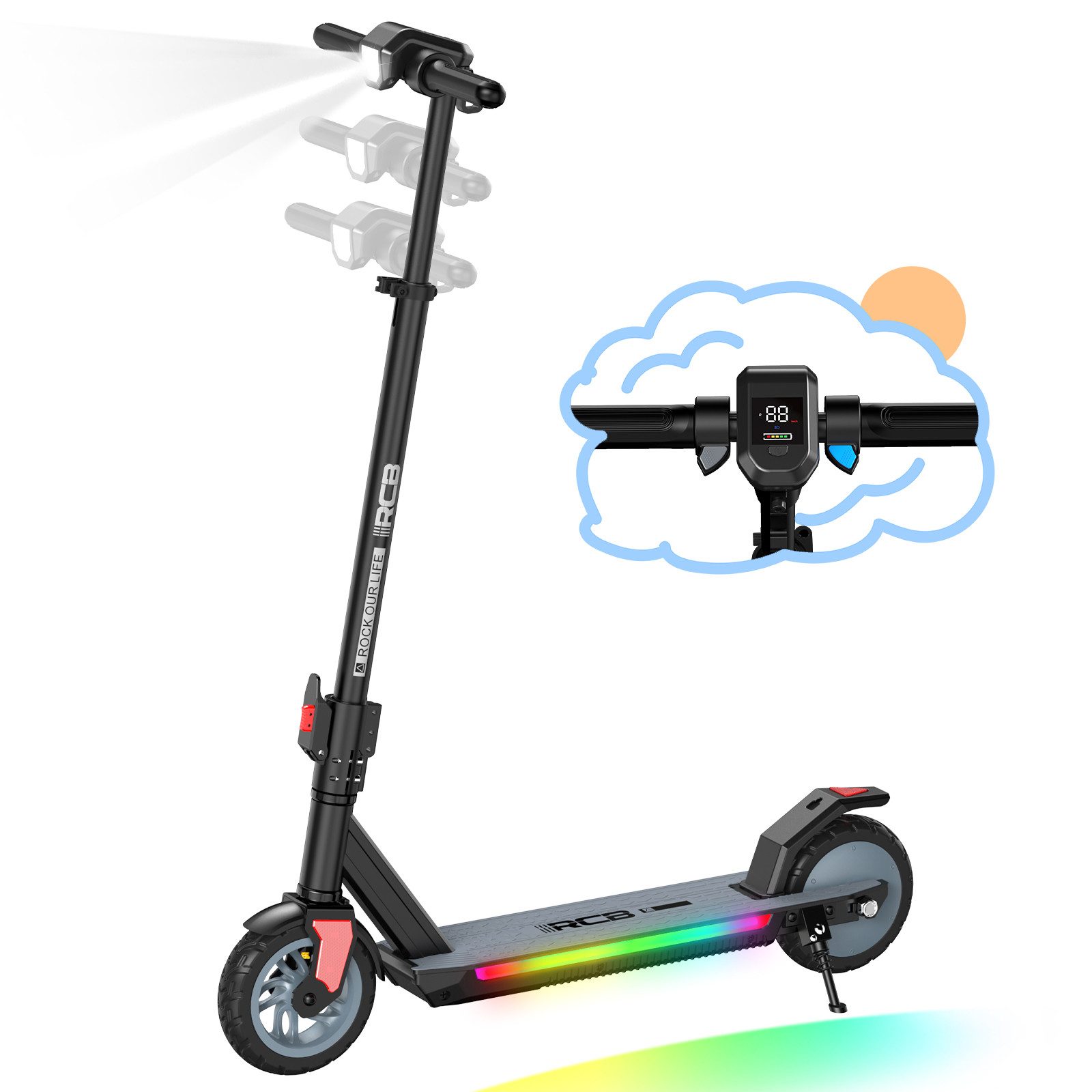 RCB Elektro-Kinderroller R12 PRO mit verstellbarer Höhe, 7-Zoll-Vollgummireifen, klappbar, LED, Belastbarkeit 60 kg, Faltmechanismus mit zwei Sicherheitsverriegelungen