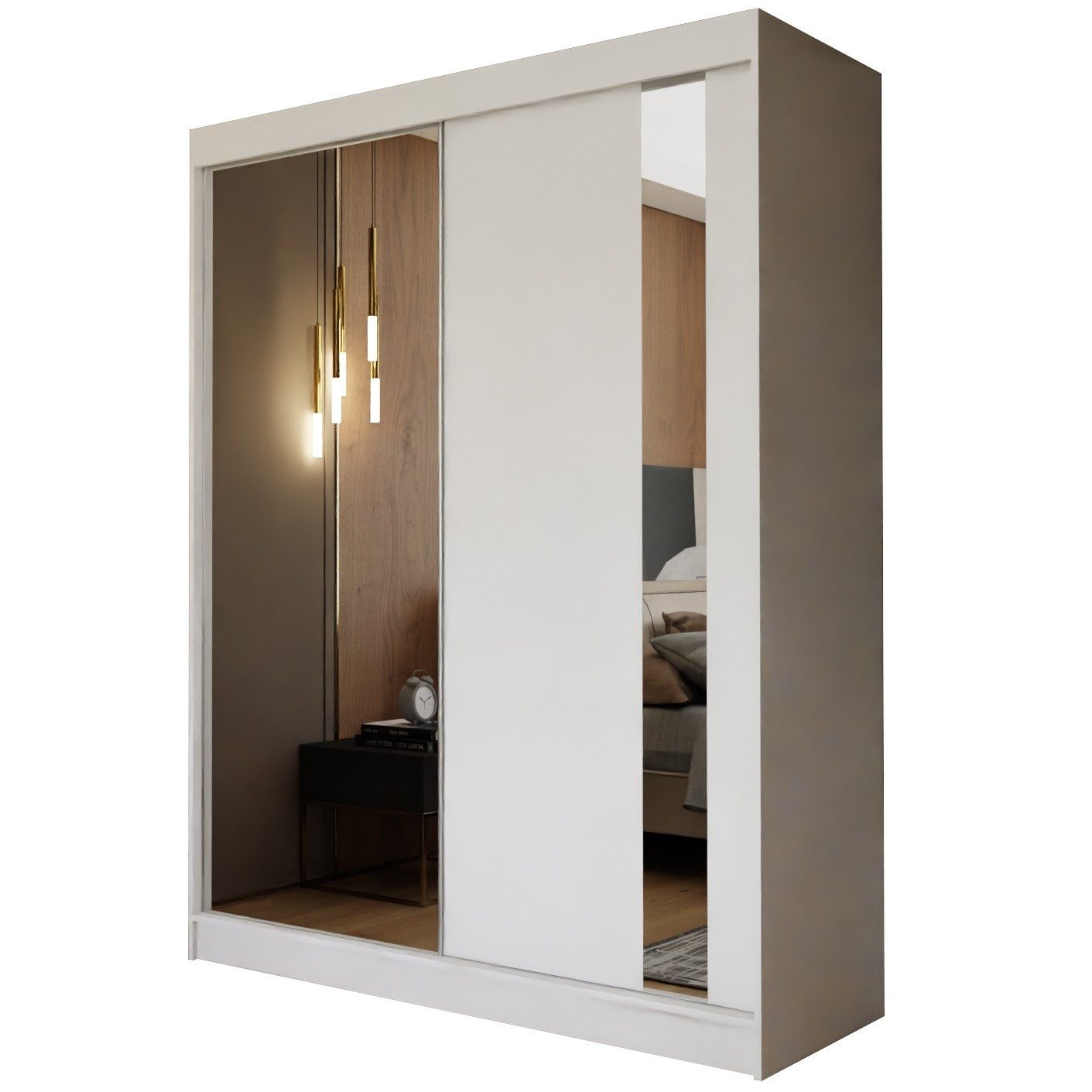 Masseno Schwebetürenschrank GRAZIA 160 cm Kleiderschrank mit Spiegel 2 Türen Weiß