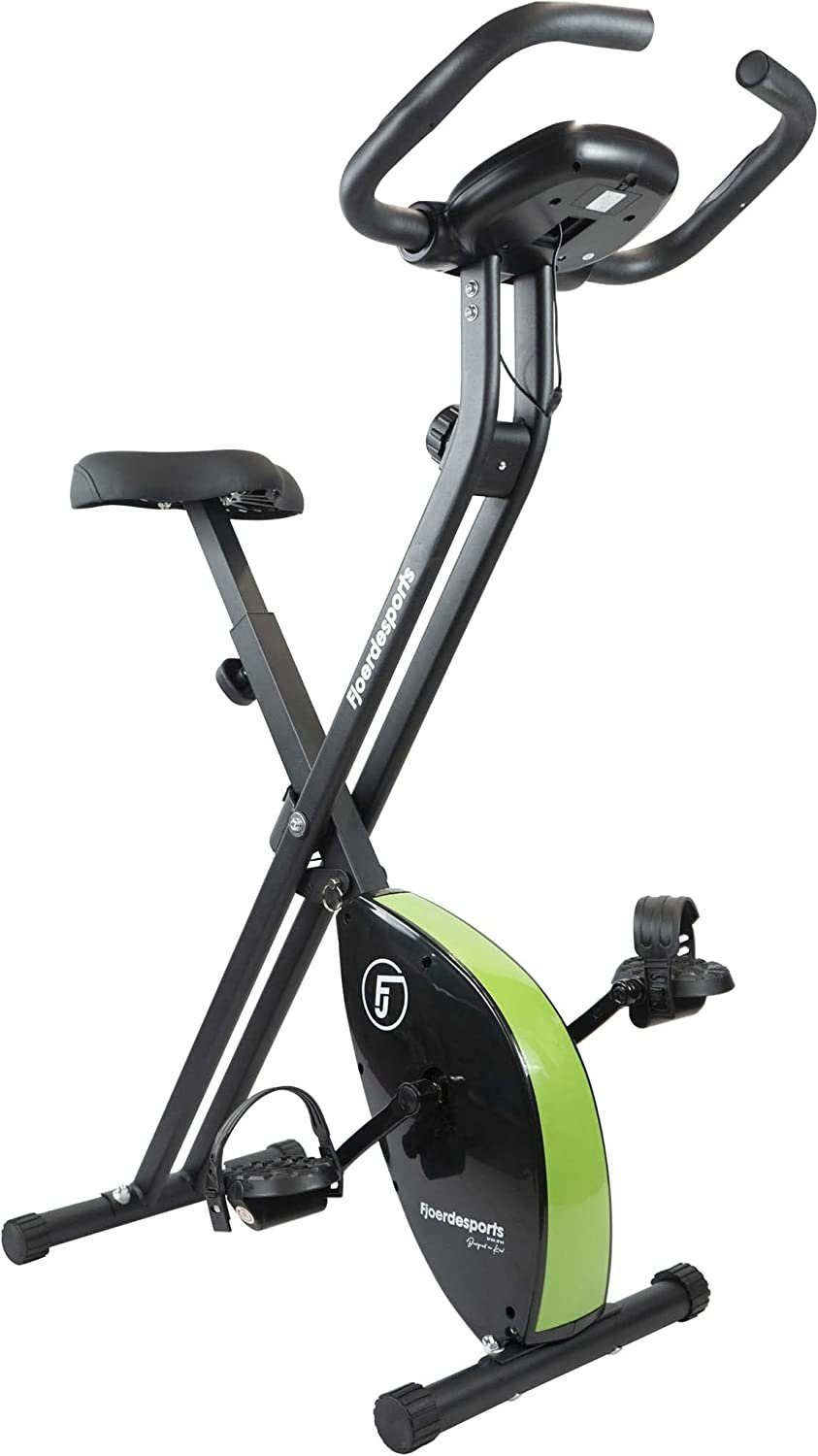 Fjoerdesports Heimtrainer Faltbarer Heimtrainer mit LCD Display Hometrainer Fitnessfahrrad (Maximales Benutzergewicht 110 Kg inkl. verstellbaren Sitz, klappbarer Hometrainer, inklusive Pulsmessung, maximales Benutzergerwicht 110 kg, Fitness Bike, Seniorentrainer, Bewegungstrainer, Trimmrad, höhenverstellbar, stabile Standfüße, bodenschonend, 8 Widerstandsstufen, Handpulssensoren, Riemenantrieb), Hometrainer, Fitnessfahrrad LCD Trainingscomputer Grün