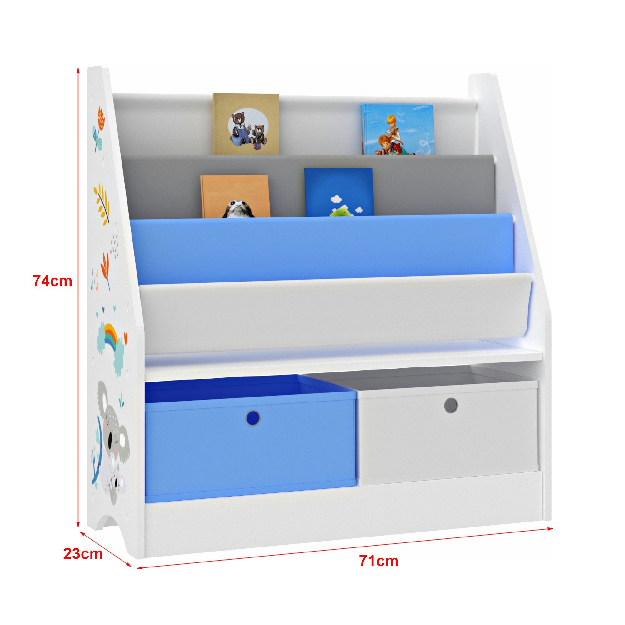 en.casa Bücherregal, »Neda« Kinderregal 74x71x23 cm mit Koala-Motiv Weiß/Grau/Blau