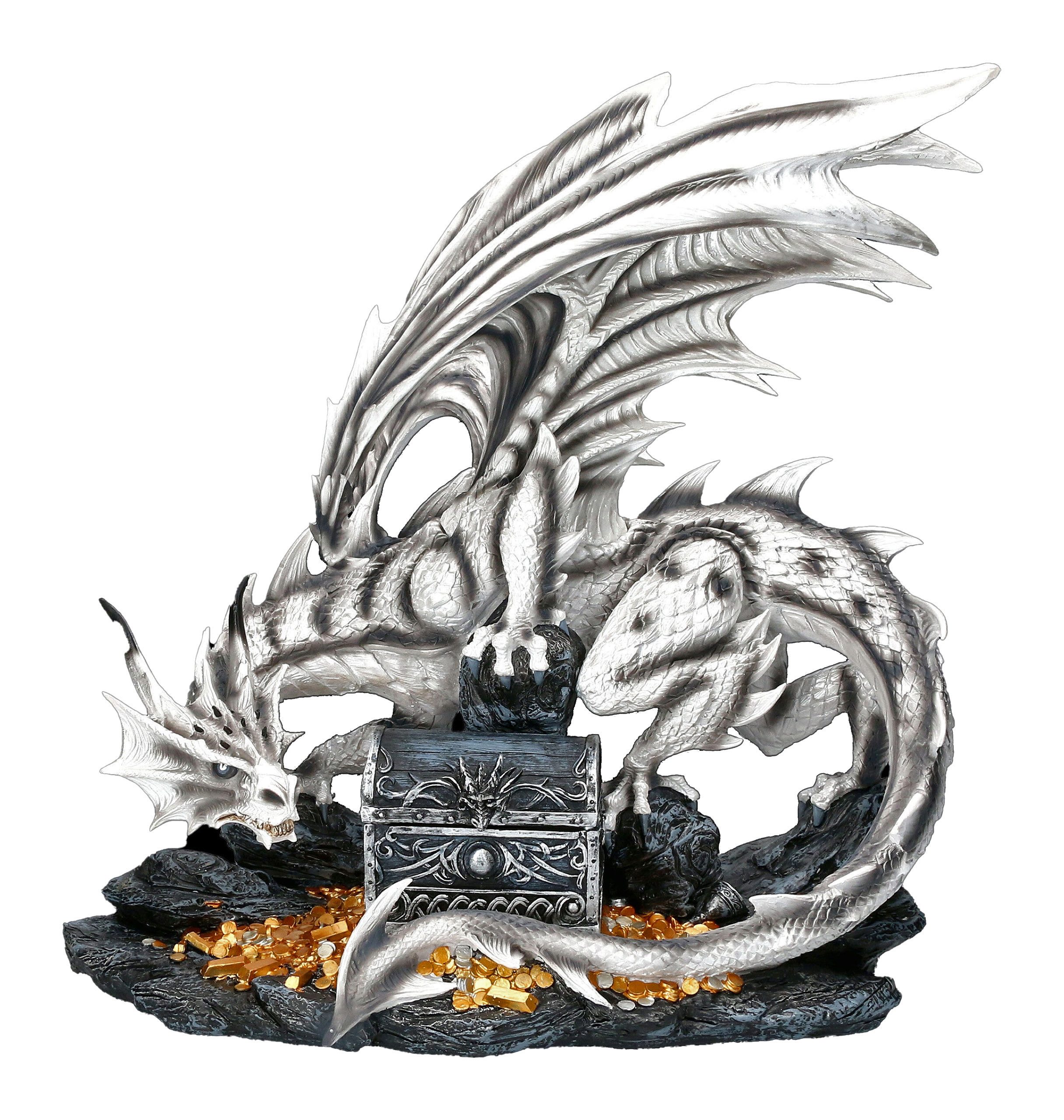 Figuren Shop GmbH Fantasy-Figur Große weiße Drachen Figur bewacht Schatztruhe - Fantasy Deko