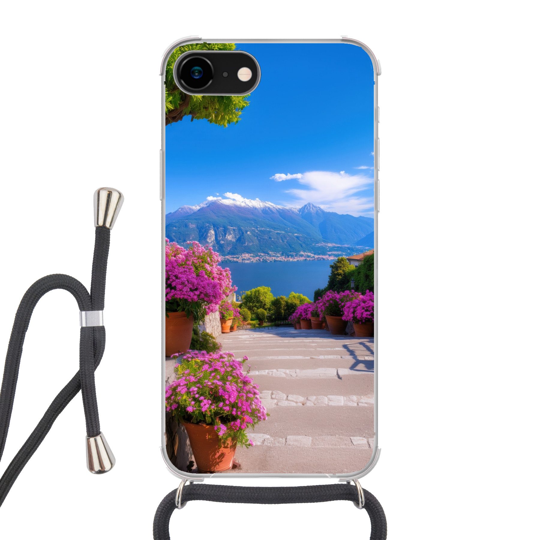MuchoWow Handyhülle für Apple iPhone 7 Comer See - Italien - Landschaft, Tragbare Handyhüllen mit Kette zum umhängen, Handykette Handyband