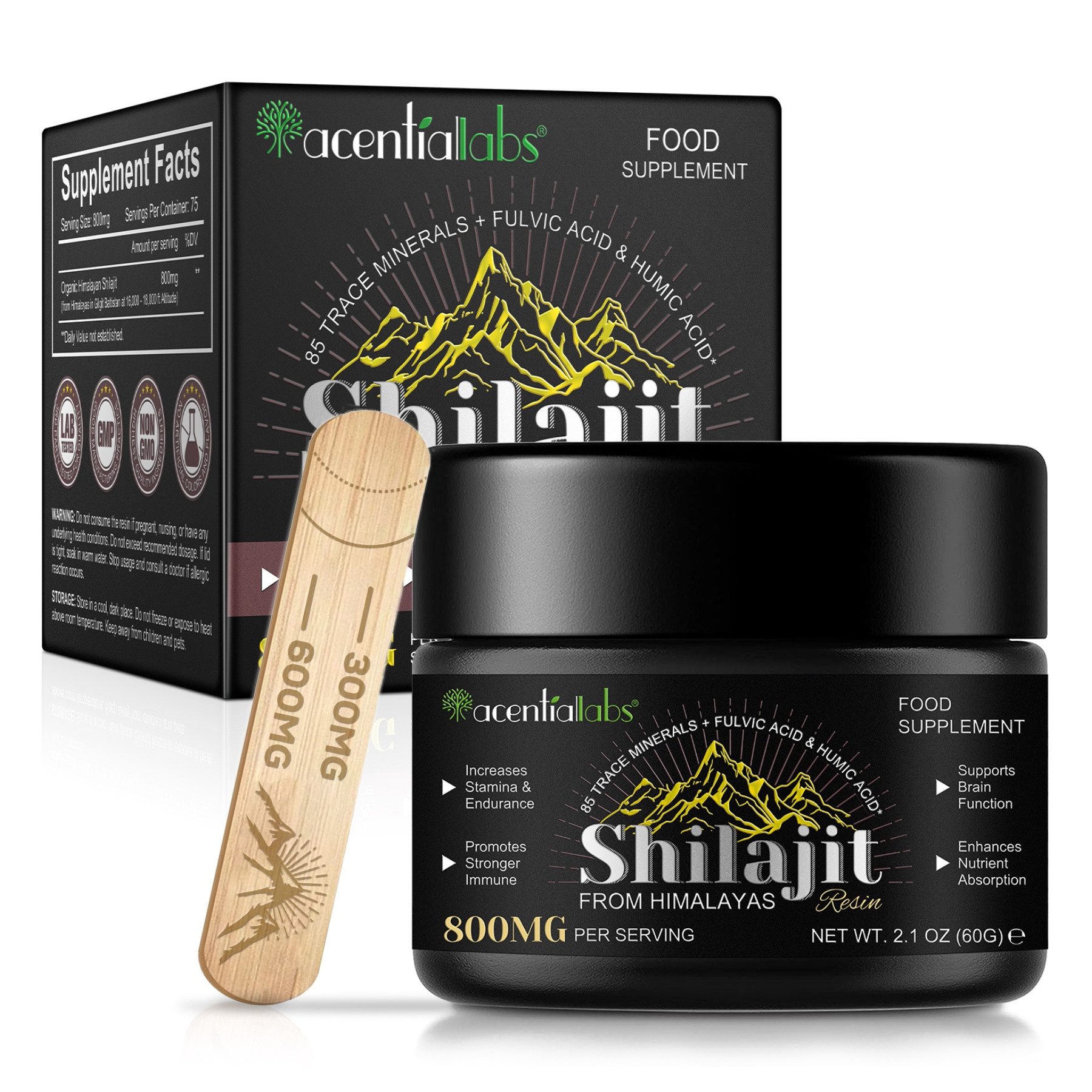 Acentiallabs Shilajit Himalaya Harz 100% Reines Mumijo 85+ Mineralien Laborgeprüft Harz, Nahrungsergänzungsmittel, Shilajit, Vitamine