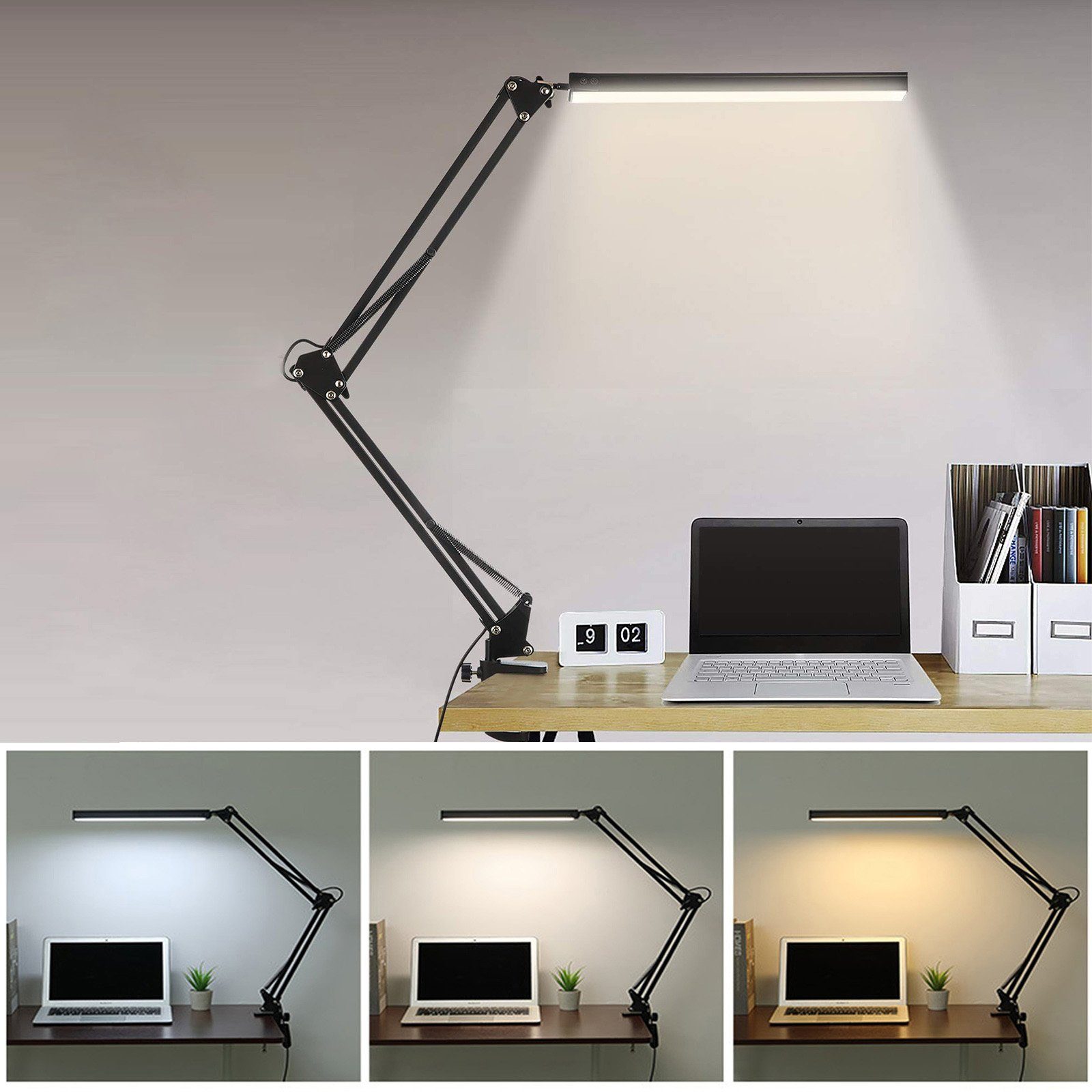 CALIYO LED Schreibtischlampe LED Schreibtischlampe, 420LM Schwenkarm  Architektenlampe, Büro Tischlampe mit 3 Farb Helligkeitsstufen, Augenschutz  Schreibtischlampe