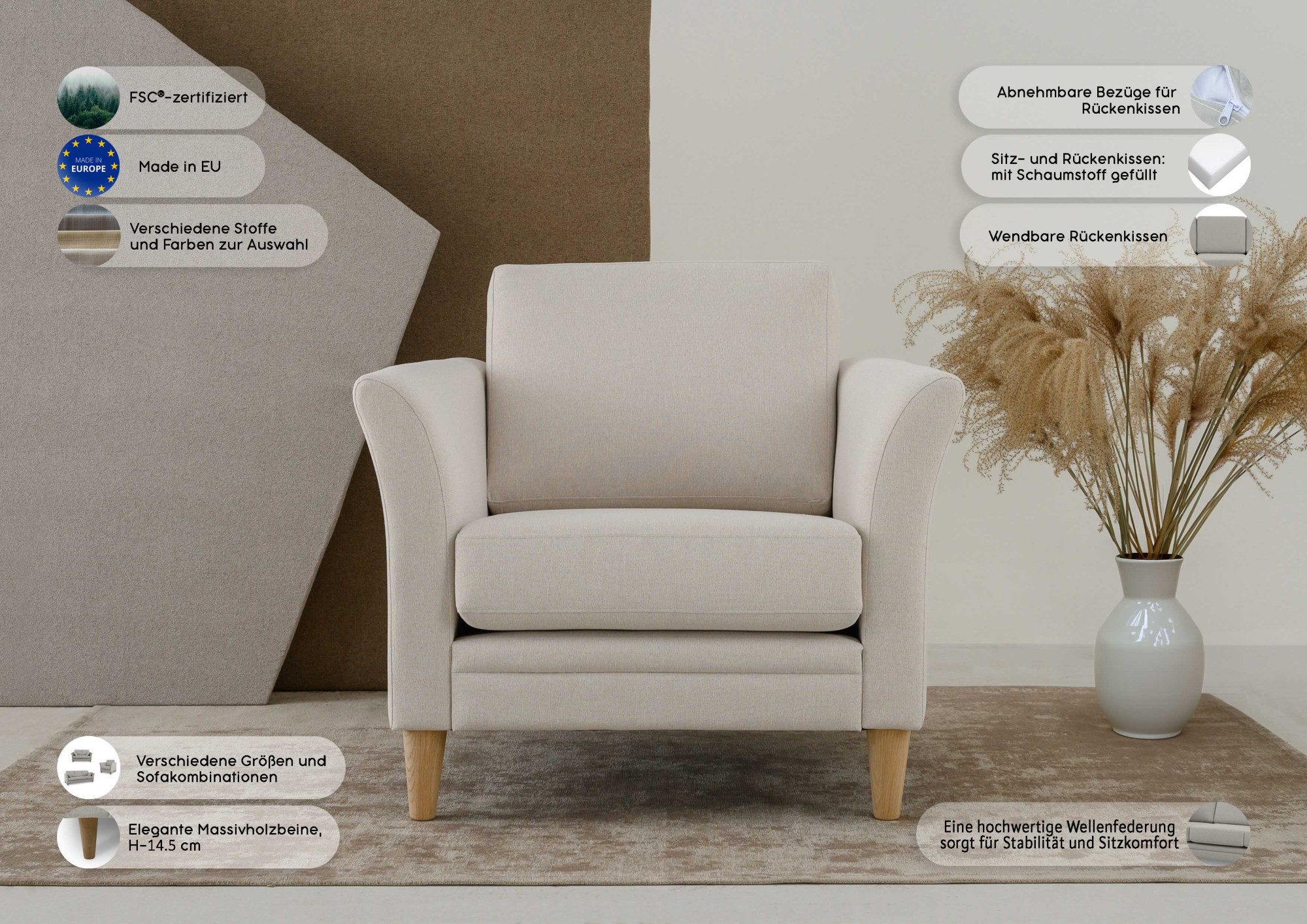 Home affaire Sessel Arellano, Breite 93 cm, klassisches Design, mit Massivholzfüßen, Webstoff fein, Chenille