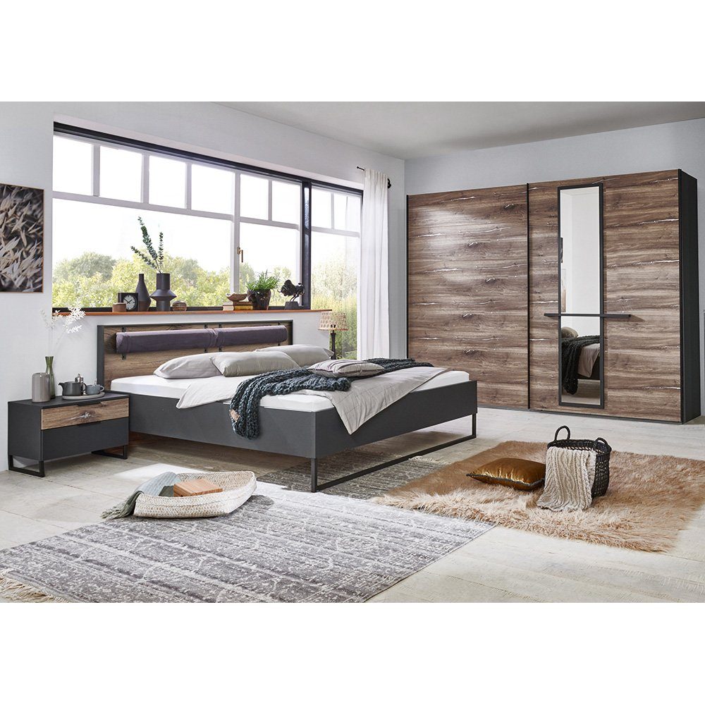 Lomadox Schlafzimmer-Set WISMAR-43, (Spar-Set, 4-St), graphit, Flagstaff Eiche Nb., Industrial Design, Schwebetürenschrank