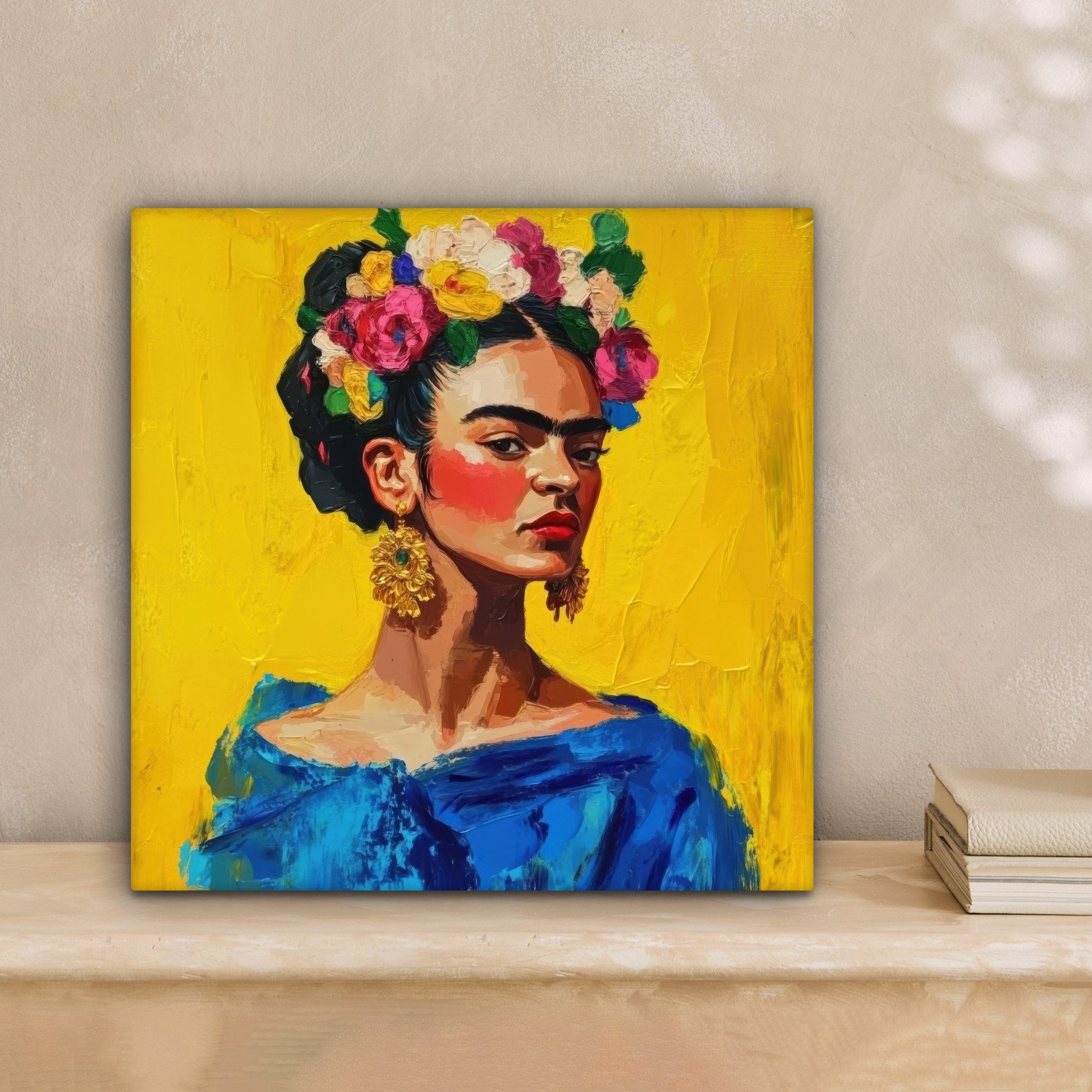 OneMillionCanvasses® Leinwandbild Frida Kahlo - Frau - Gelb - Blau - Blumen, Fotodruck (1 St), Wandbild, Deko Schlafzimmer Wohnzimmer Flur 20x20 cm
