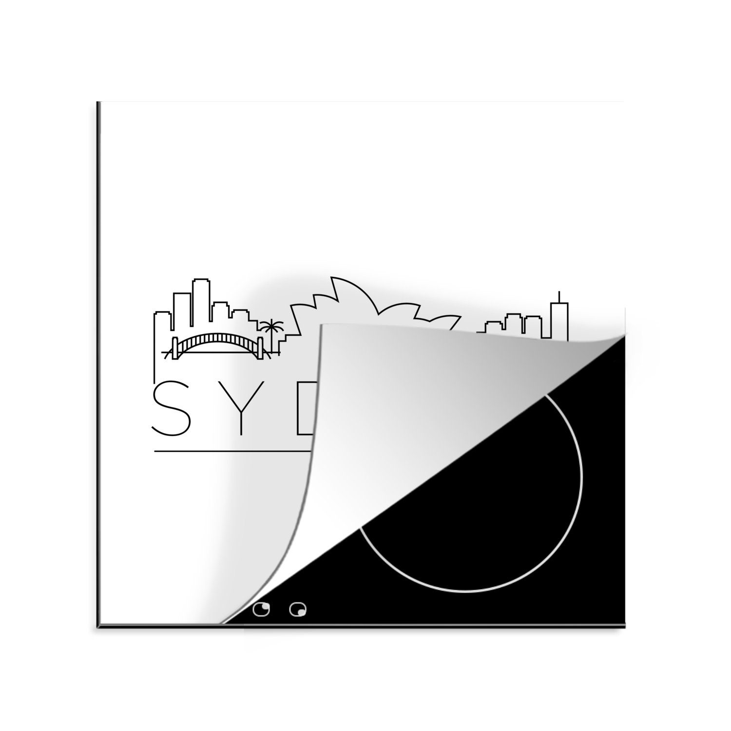 MuchoWow auf für 78x78 Herdblende-/Abdeckplatte "Sidney" Arbeitsplatte Vinyl, weiß, küche cm, tlg), Skyline Ceranfeldabdeckung, schwarz (1