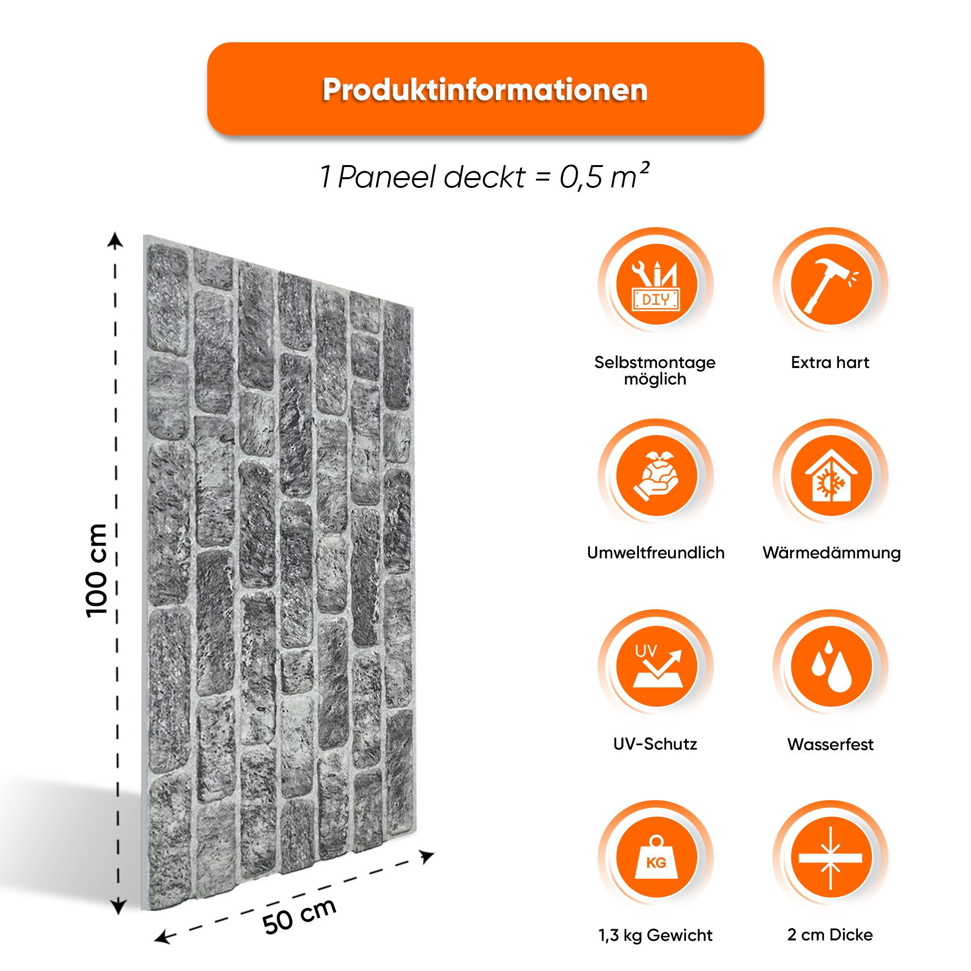 IZODEKOR 3D Wandpaneel EPS Styropor Wandverkleidung in Steinoptik – für Innen & Außen, BxL: 50x100 cm, 0,50 qm, (1er- oder 10er-Set, optional mit 4 Montageklebe – Bild 2 von 5