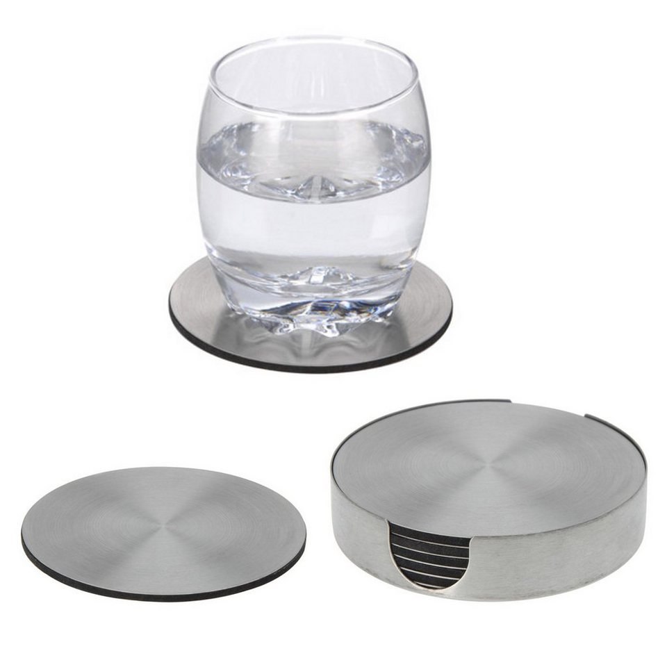 HAC24 Glasuntersetzer Edelstahl Untersetzer Set Ø 10 cm Tassenuntersetzer  Tischuntersetzer für Getränke, Set, 7-tlg., Inkl. Halterung