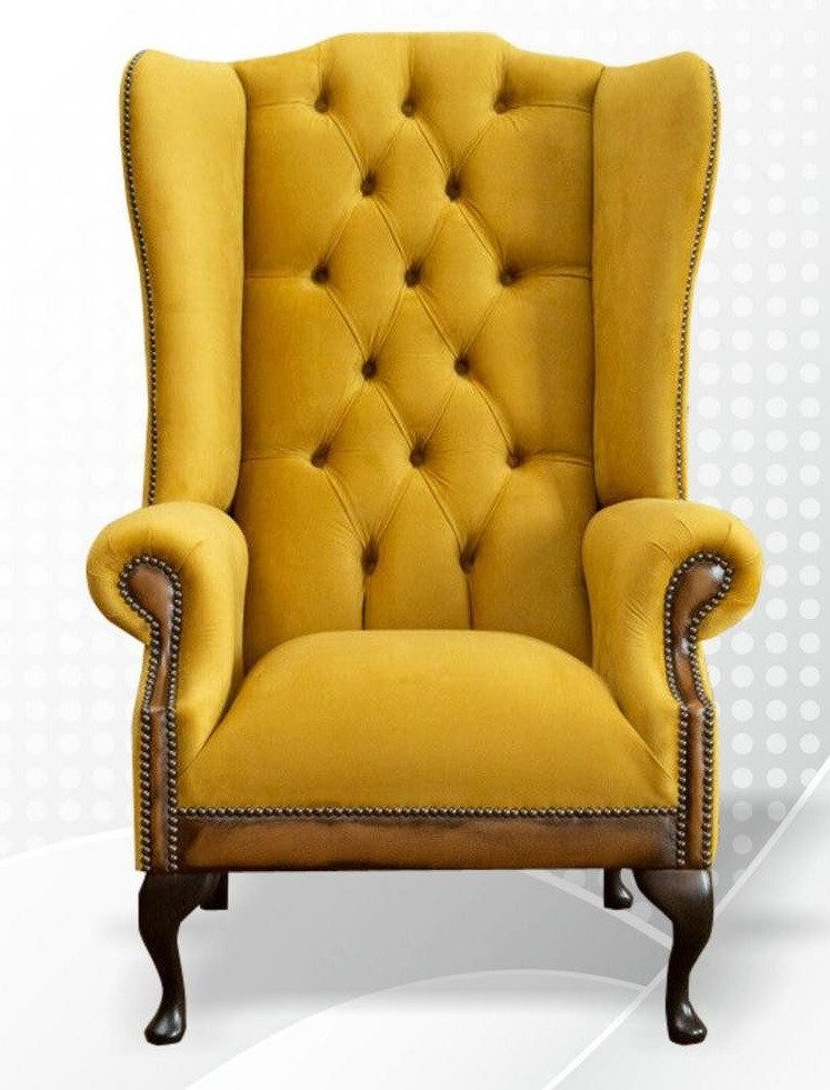 Xlmoebel Ohrensessel Gelber Chesterfield-Sessel aus hochwertigem Textil mit Armlehnen (Sessel), Hergestellt in Europa