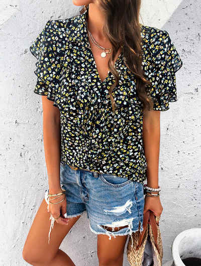 BlauWave Druckbluse Elegantes bedrucktes Top mit Blumenbesatz für Damen (1-tlg., Geeignet für den Strand) V-Ausschnitt Kurzarm-Sommer-Shirt