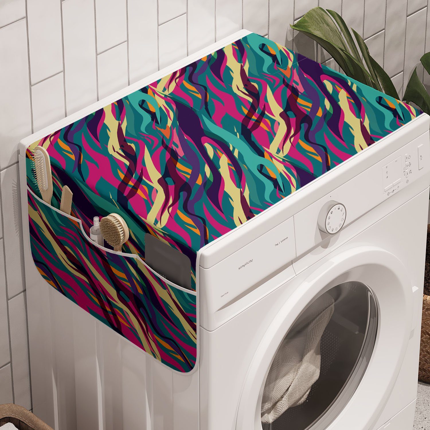 Abakuhaus Badorganizer Anti-Rutsch-Stoffabdeckung für Waschmaschine und Trockner, Abstrakt Wellenförmige Diagonal Blick Stripes