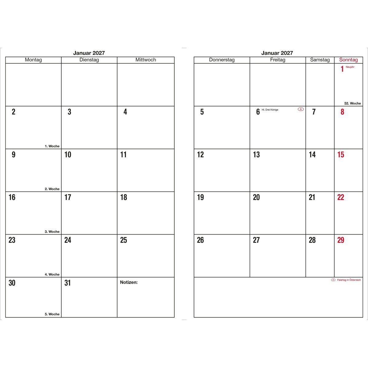 GÜSS Kalender Buchkalender Monatsübersicht 15x21cm 1 Monat/2 Seiten Softcover schwarz 2027 – Bild 2 von 2