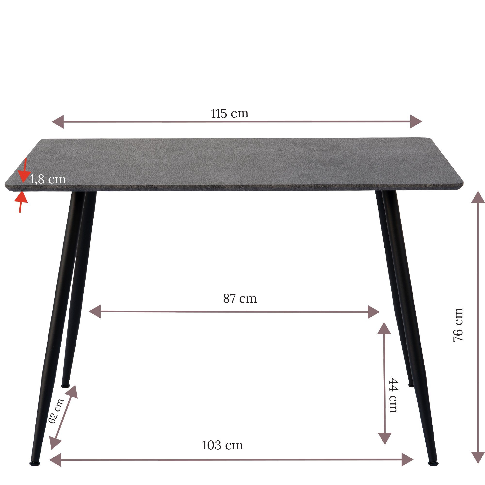 Metallrahmeт 115x75 Esszimmertisch Esstisch MDF Danelia, TRISENS Granitoptik-Grau Küchentisch Esstisch Tisch