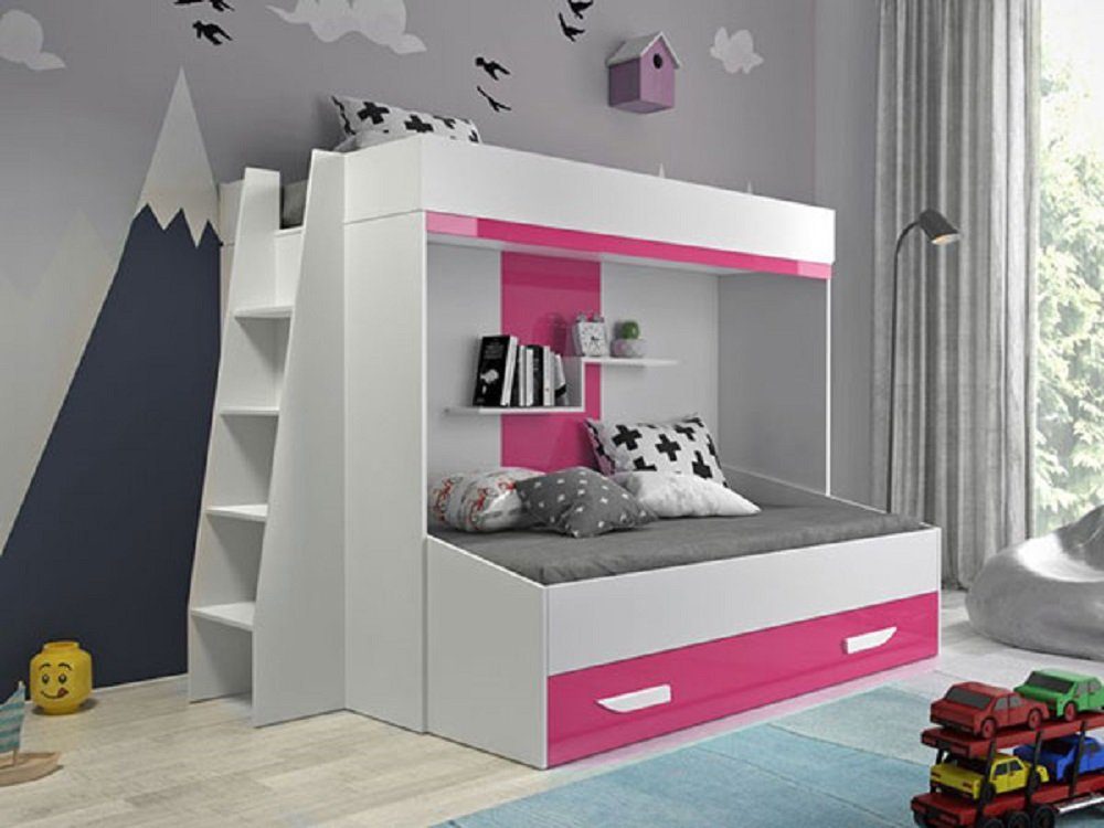 Feldmann-Wohnen Hochbett PARTY (Etagenbett, mit Bettschublade) Farbe wählbar weiß / pink Hochglanz - Griffe weiß / pink