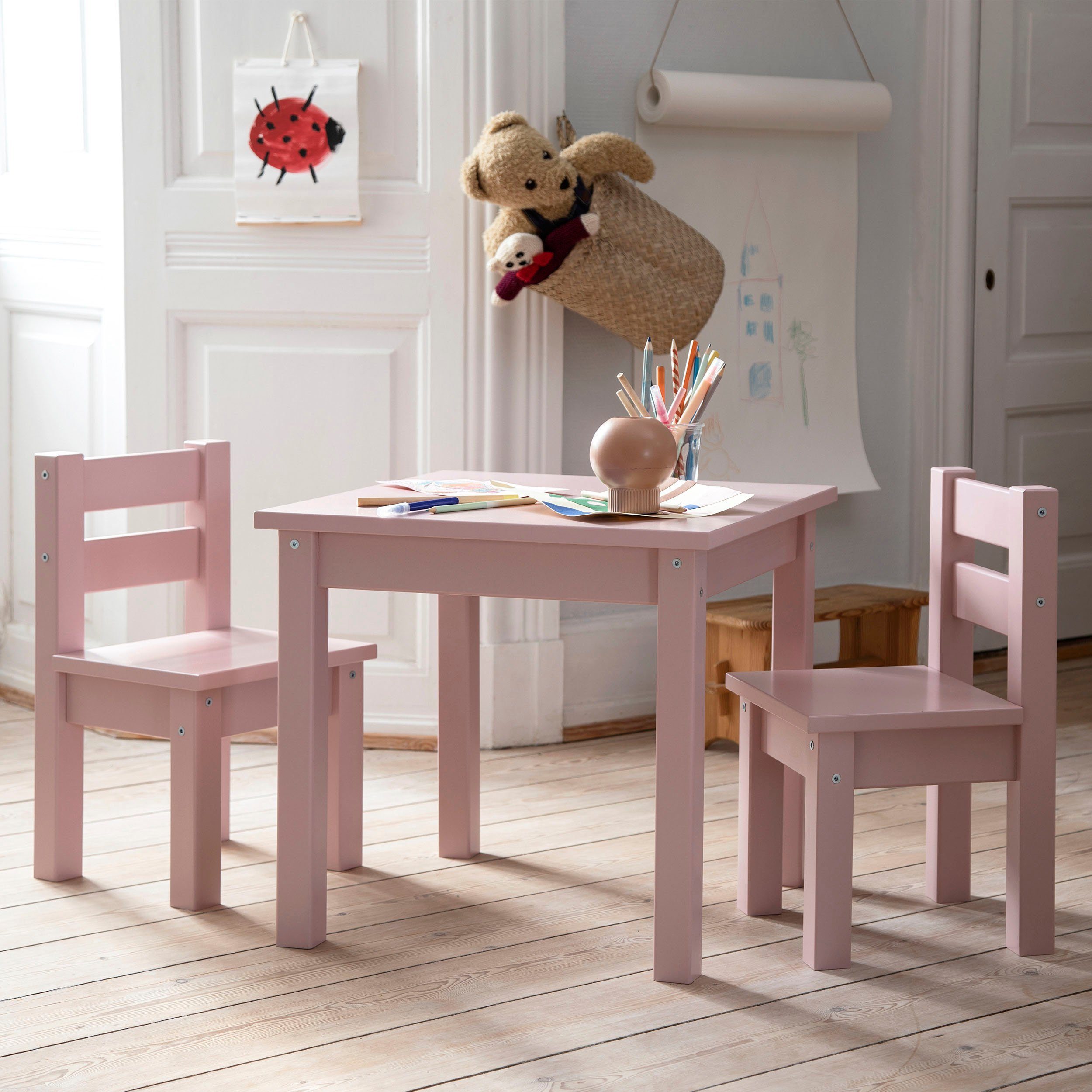 Hoppekids Kindersitzgruppe MADS (Set, mit 4-tlg., hellrosa Stühlen Tisch, 3 Kindersitzgruppe, drei Stühle), vielen Farben, in 1