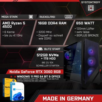 SYSTEMTREFF Basic Gaming-PC (AMD Ryzen 5 4500, GeForce RTX 3060, 16 GB RAM, 1000 GB HDD, 512 GB SSD, Luftkühlung, Windows 11, WLAN)