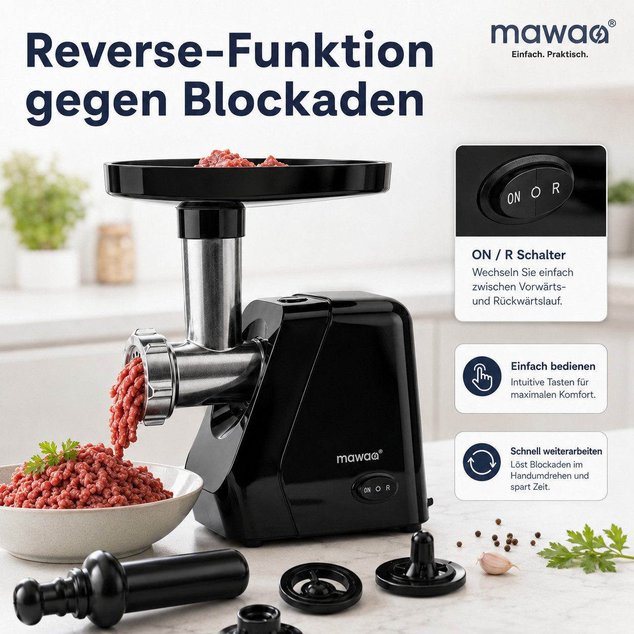 LEFEX Fleischwolf mawaa Fleischwolf & Wurstfüller 300W mit Reverse, 300 W, Reverse-Funktion, Wurstaufsatz, 2 Lochscheiben, Edelstahl-Schneidteile