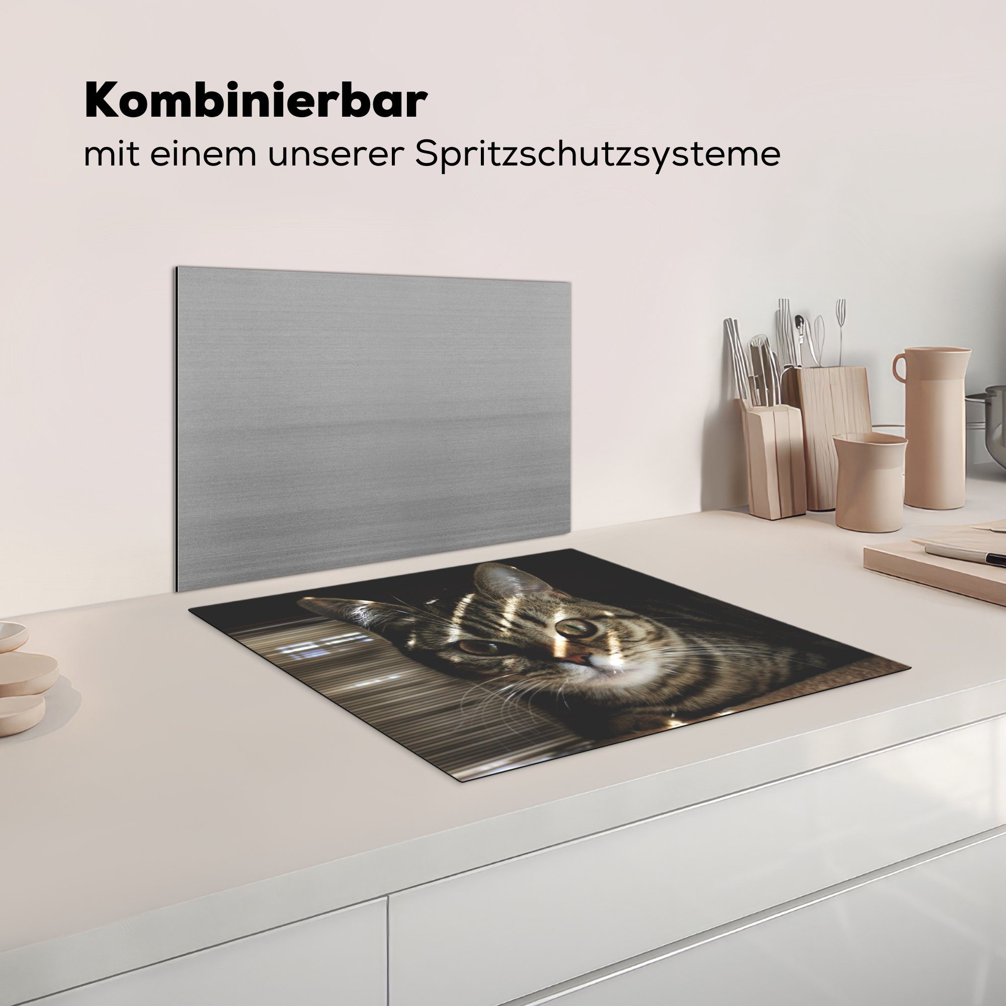 Katze Mobile Vinyl, Arbeitsfläche Licht, - - Herdblende-/Abdeckplatte cm, (1 60x52 tlg), MuchoWow Ceranfeldabdeckung Kissen nutzbar,