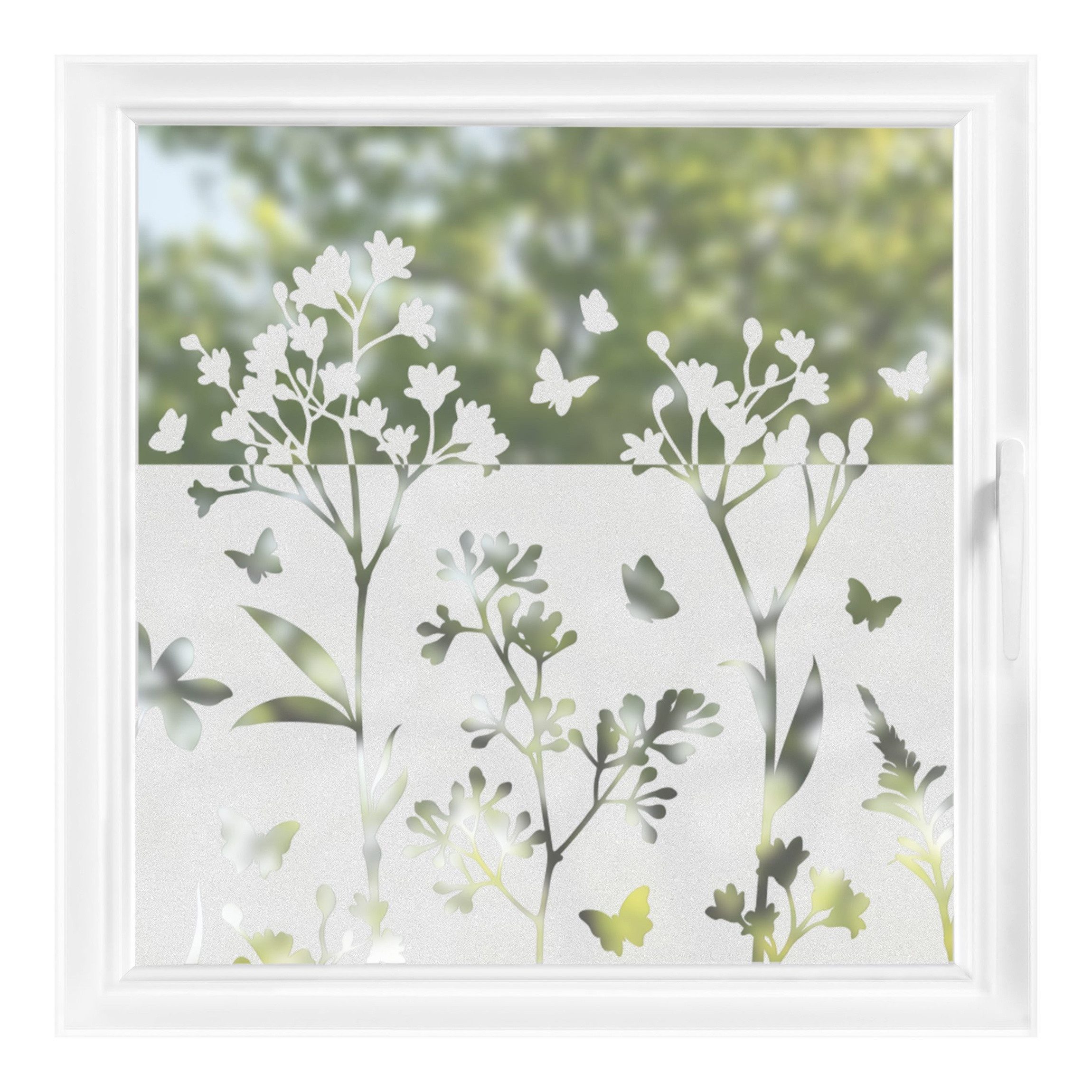 Fensterfolie statisch haftend Motiv Fensterdeko Wildblumen Schmetterlingen Bordüre