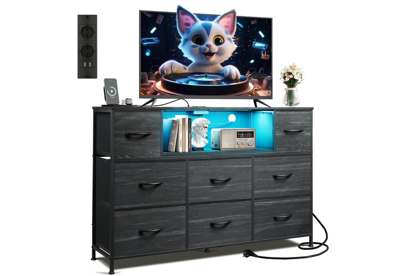 WLIVE Kommode mit 8 Stoffschubladen, LED-Beleuchtung und Ladestation (Aufbewahrungsschrank mit Holzplatte und Metallgestell, Aufbewahrungsschrank mit Holzplatte und Metallgestell), Schlafzimmerkommode für Wohnzimmer, Flur und Schlafzimmer