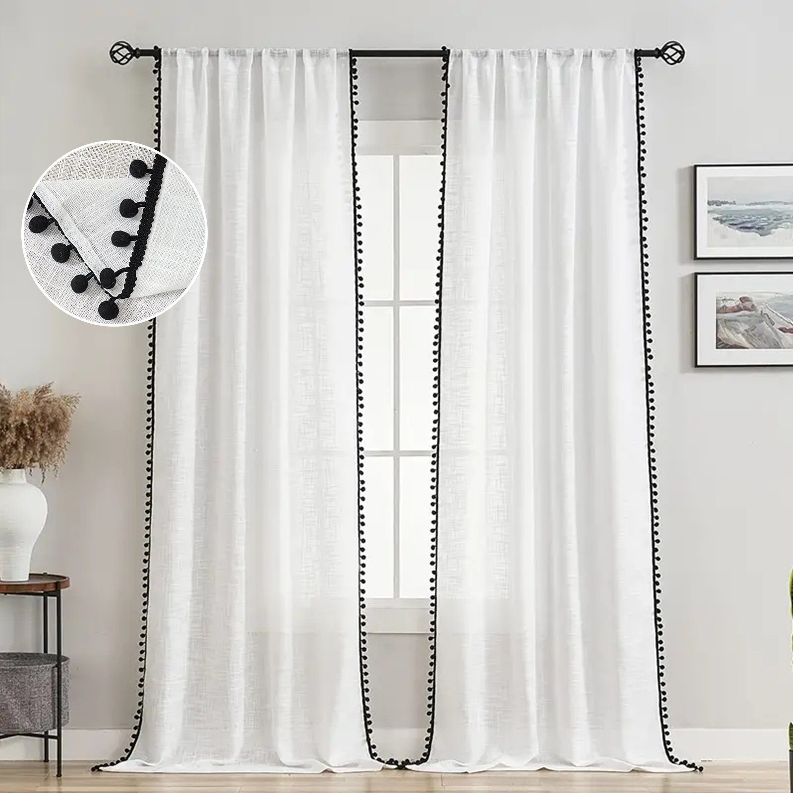 Fensterschal Gardine, 1/2er Transparent Weiß, Pompon-Kugel, Wohnzimmer Vorhang Schlafzimmer, Vorhänge Sunicol, für Stickerei Semi-Sheer St), (1 Leinenvorhang,