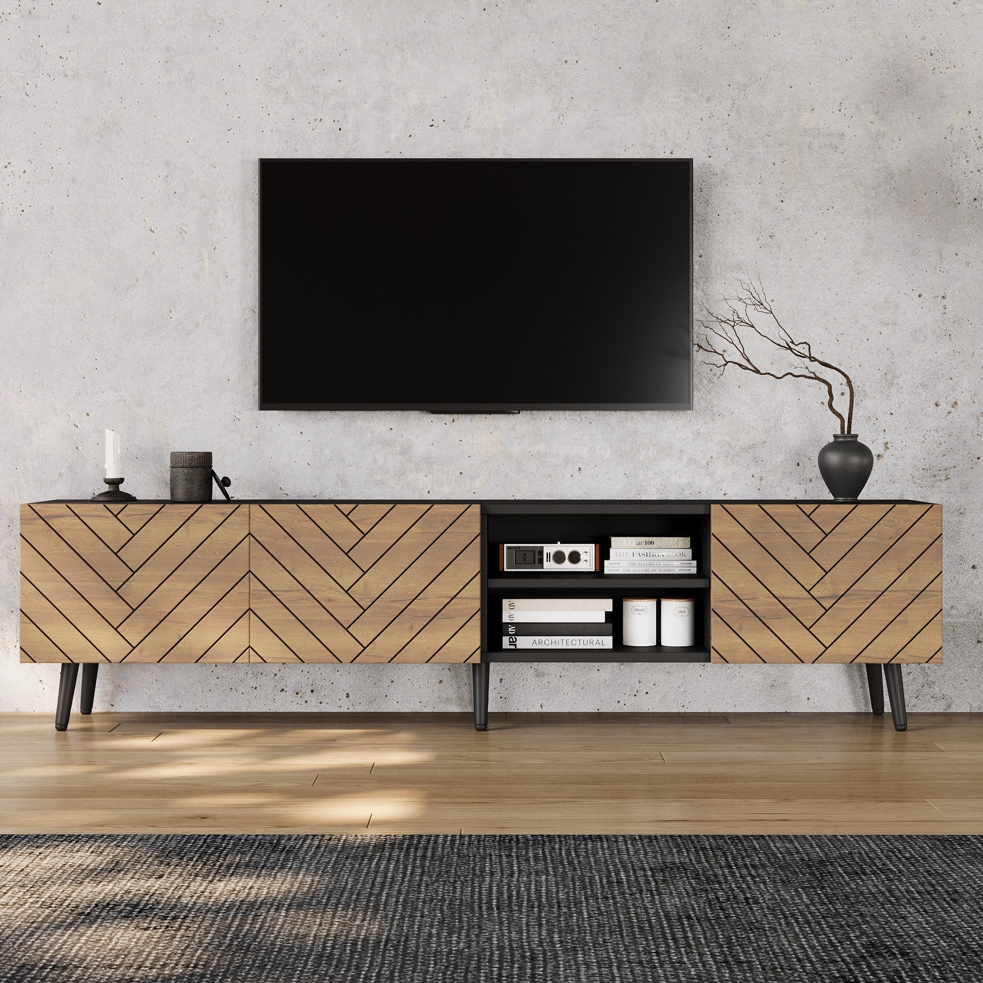 SeedWave Lowboard Griffloser TV-Schrank 180cm mit Fischgrättürfronten, Kabeldurchführung, Fernsehschrank im Retro-Design, offene & geschlossene Fächer