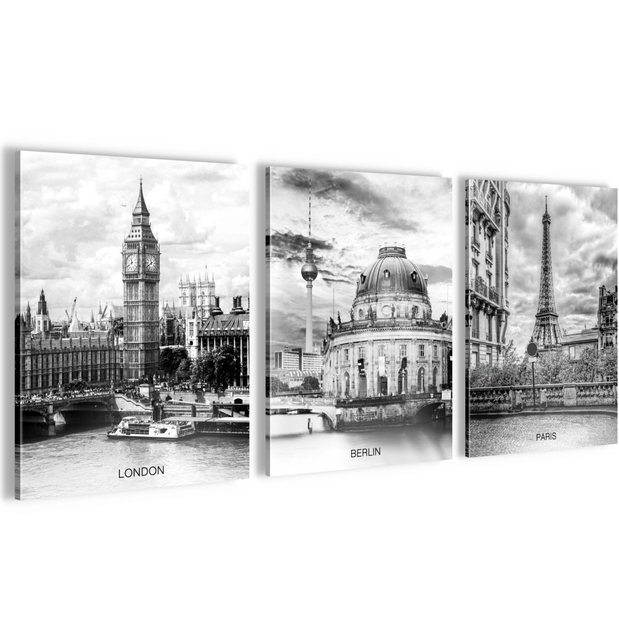 Novart Wandbild Städte Berlin London Paris Schwarz Weiß Bilder Set Deko, London (3 St)