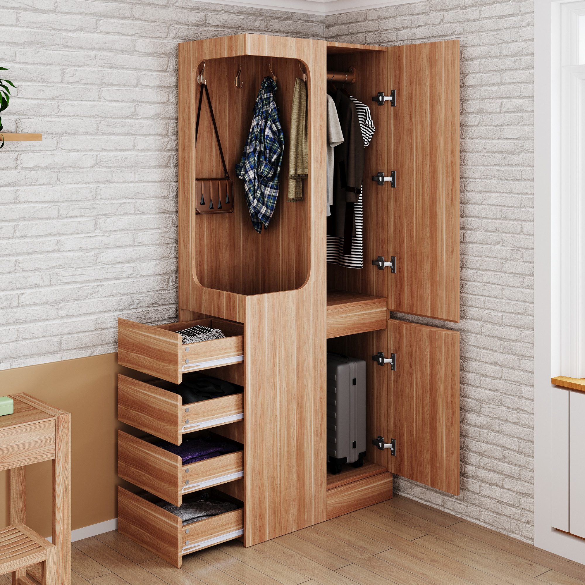 Merax Kleiderschrank 70x40x170cm (für Schlafzimmer, Wohnzimmer oder Büro, 1-St., platzsparend & vielseitig) Schrank Kleiderschrank mit 4 Schubladen, offenem Stauraum & 2 Türen