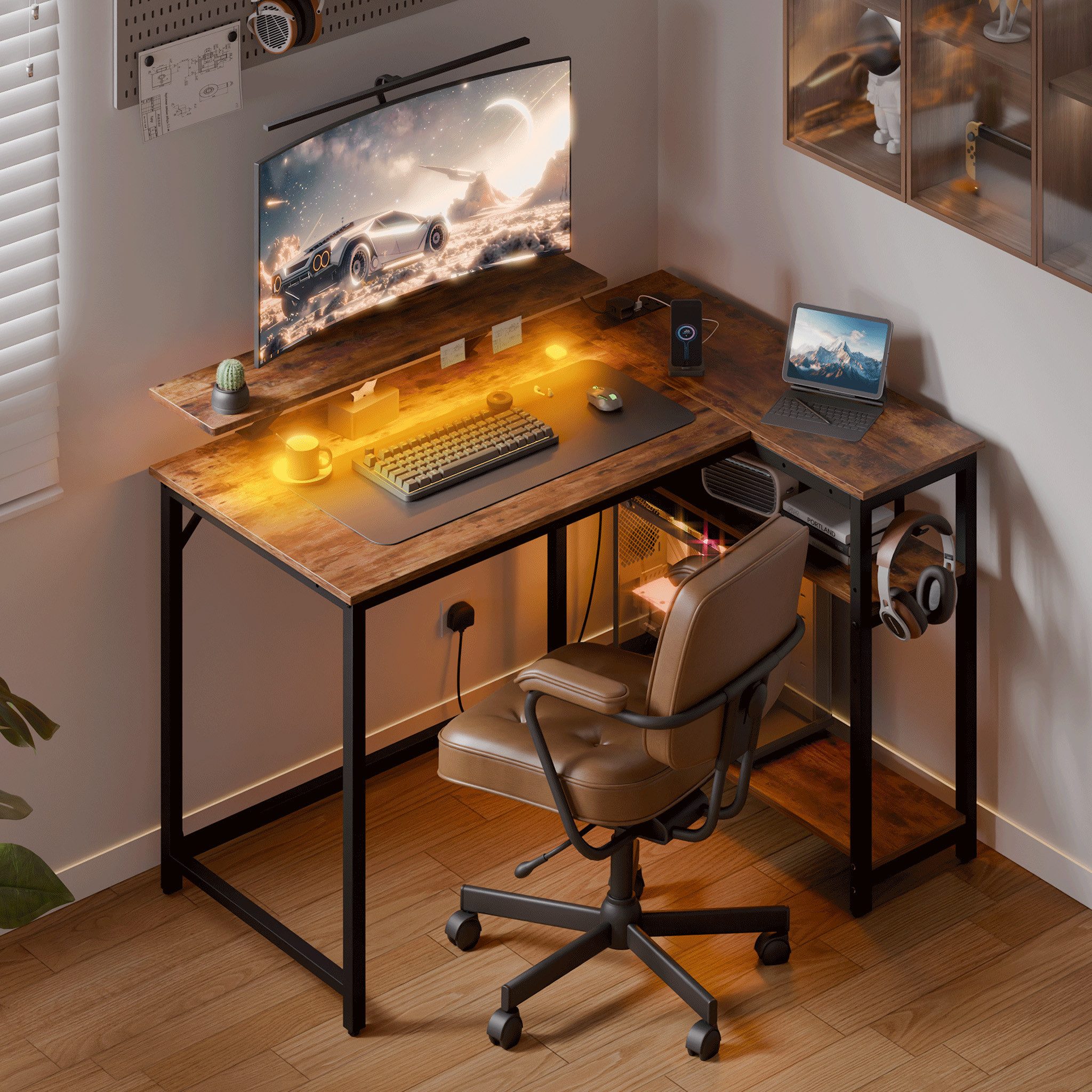 Mondeer Eckschreibtisch L-Shape (120*90cm), RGB-Lichtstreifen Steckdose günstig online kaufen