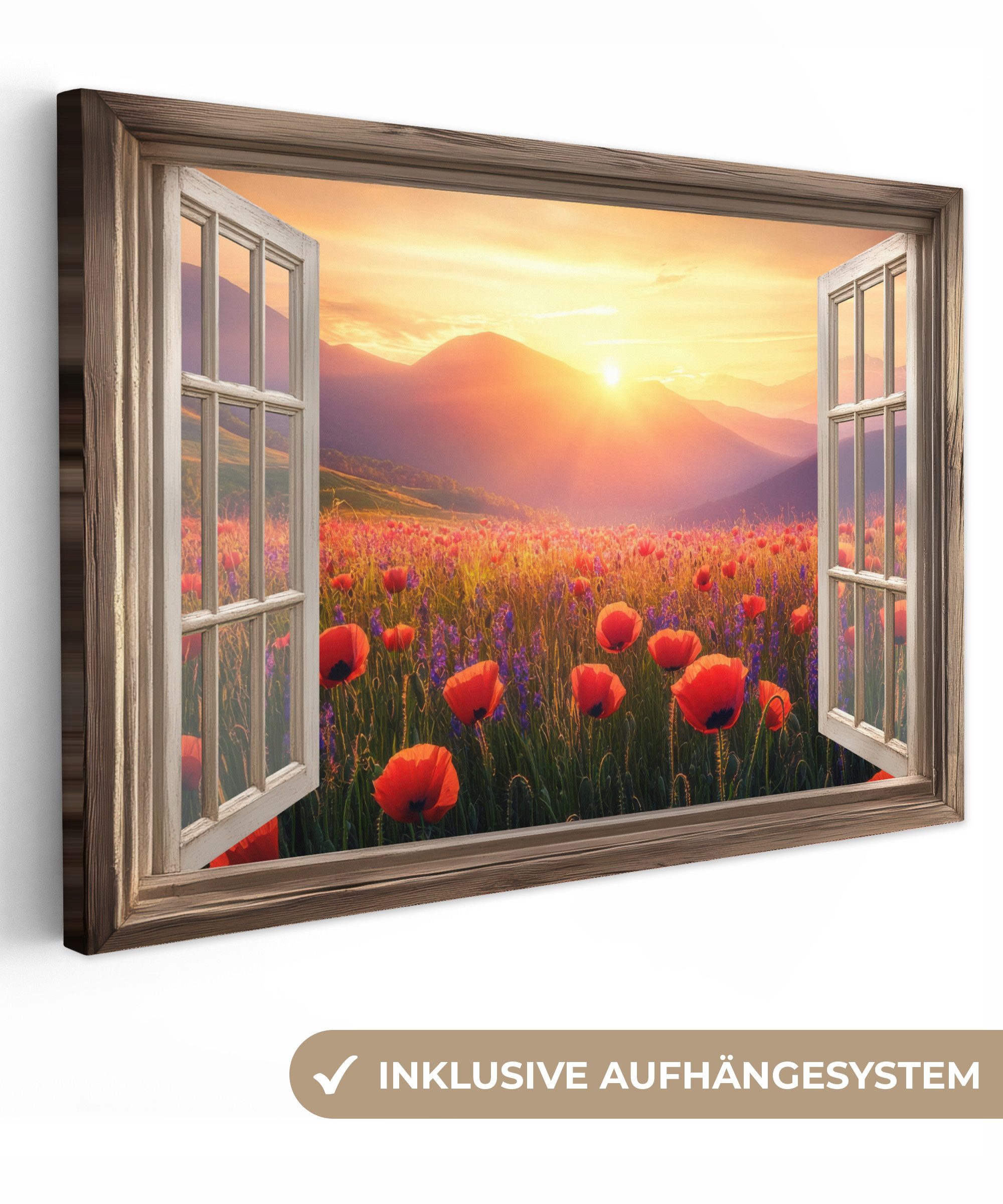 OneMillionCanvasses® Leinwandbild Fensterblick - Fenster - Mohnblumen - Blumen - Rot - Offenes Fenster, Fotodruck (1 St), Leinwand Bilder Klein, Wand Dekoration Aesthetic 30x20 cm