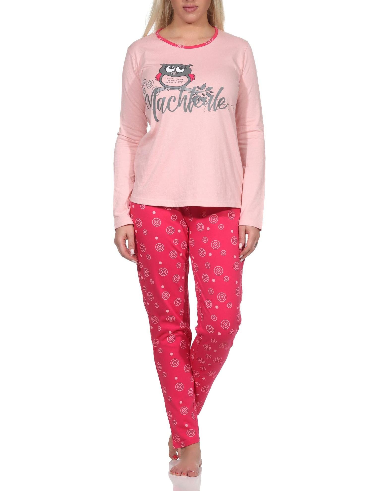 Pyjama Langer Damen Schlafanzug mit Rundhals und niedlichem Eulen-Motiv