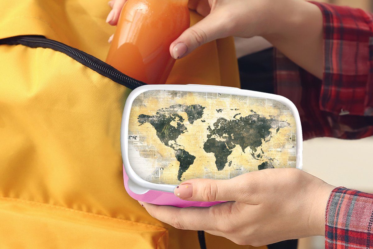 MuchoWow Brotdose Brotbox für Kunststoff Mädchen, Snackbox, Kunststoff, Gold (2-tlg), Zeitung, Kinder, - Erwachsene, Lunchbox - Weltkarte rosa