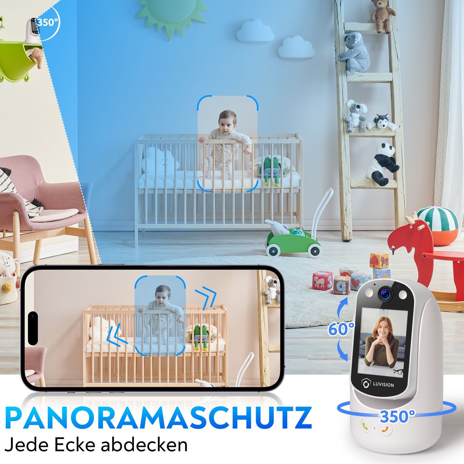 LUVISION Überwachungskamera WLAN PTZ Video KI Anrufkamera Telefonkamera für Senioren Überwachung (Innenbereich, 1-tlg., WLAN PTZ Überwachung Kamera Autotracking – Bild 4 von 5