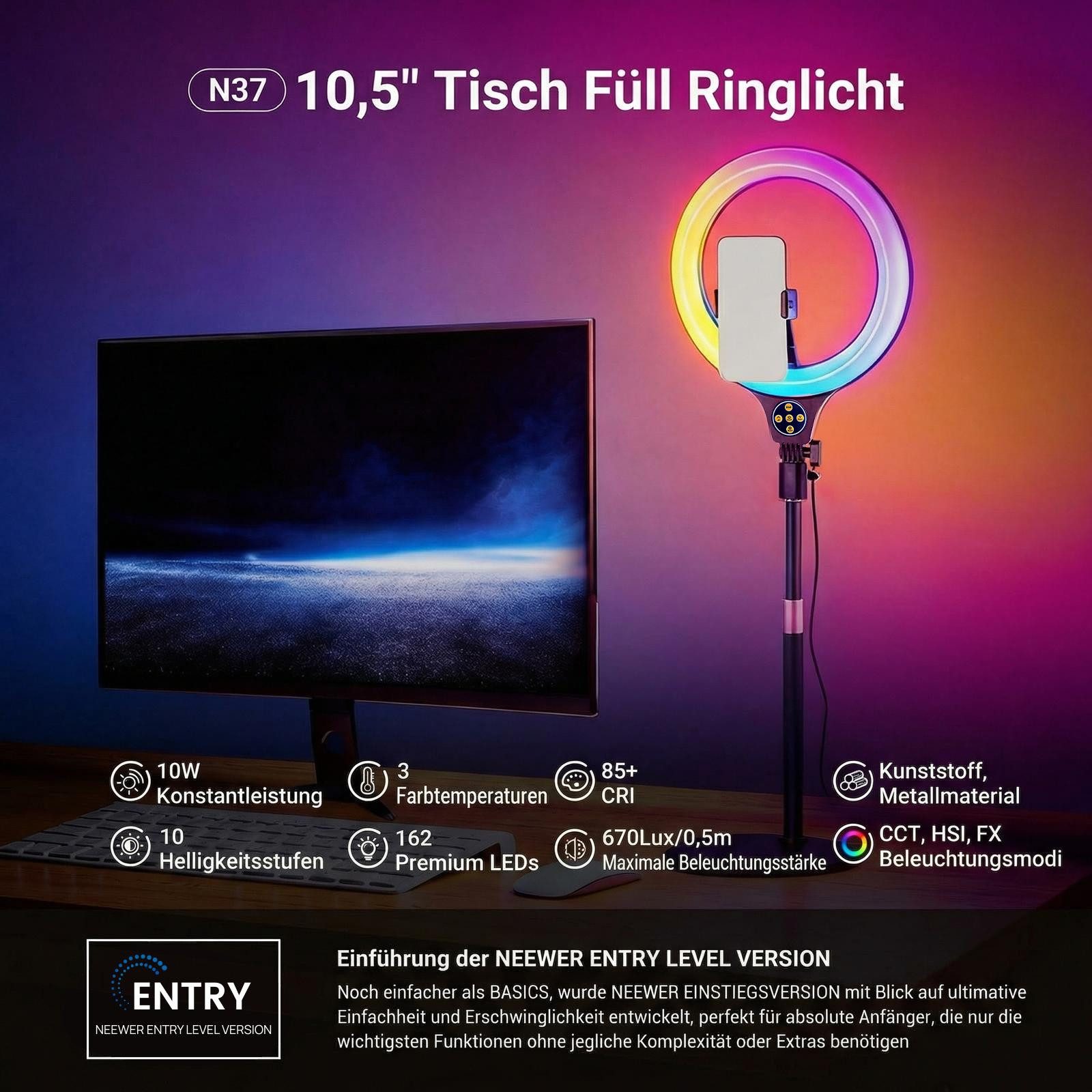 Neewer Ringlicht N37 10,5" RGB Ringlicht LED Videolicht mit Tischständer Handyhalterung, 10W CRI85+, kompatibel mit iPhone Fernbedienung