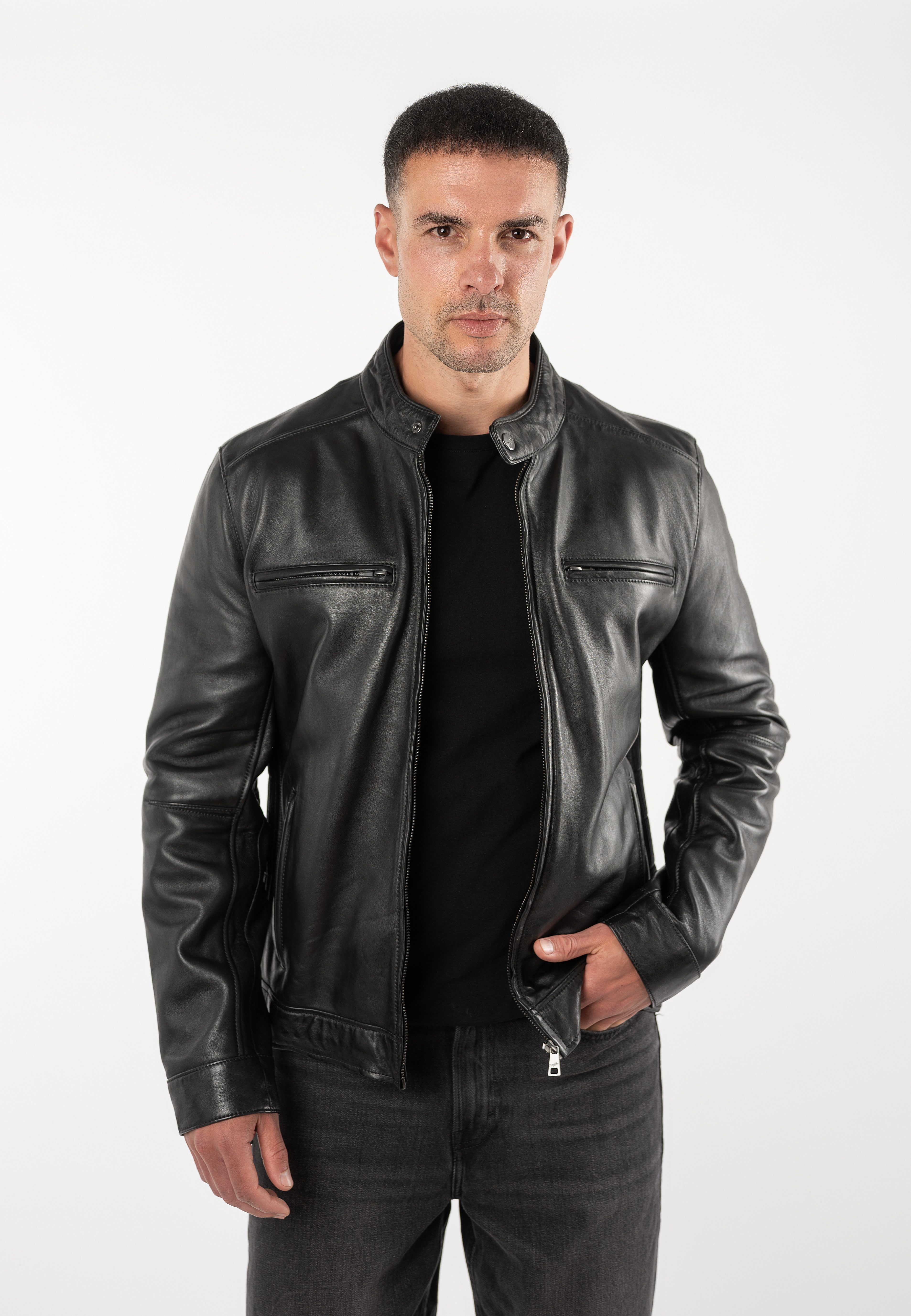 Mauritius Lederjacke MMBlaco (mauritiusHerren26) im Biker-Stil mit Stehkragen und Drucker